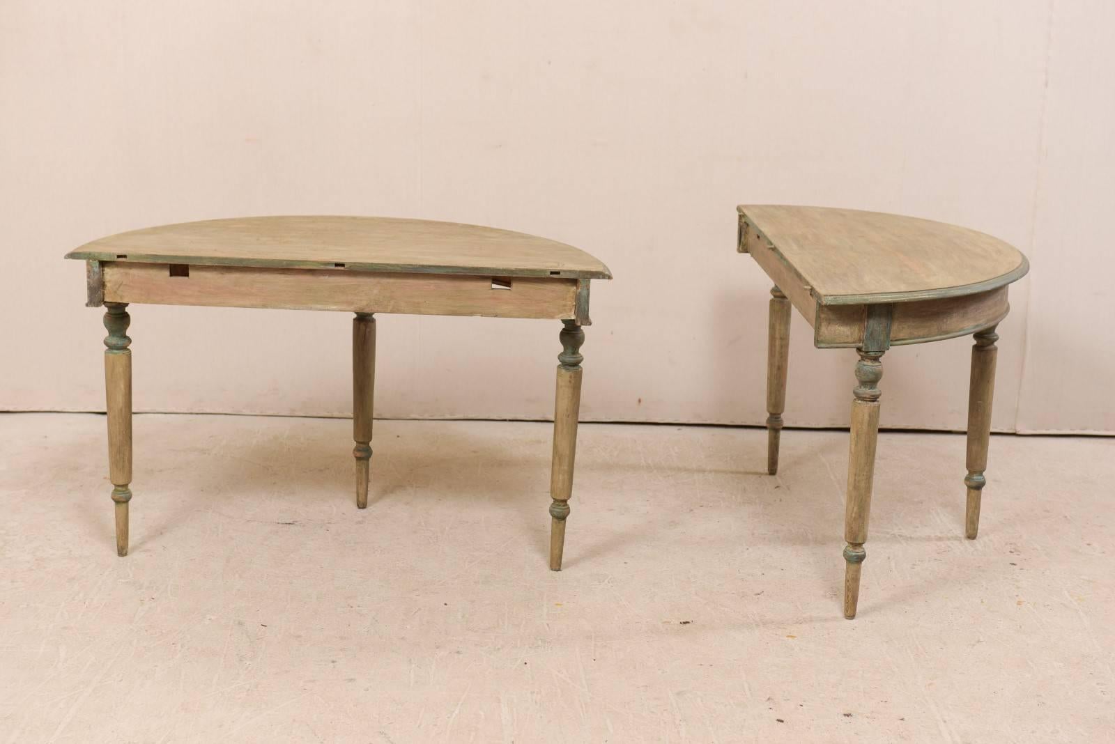 Pair of 19th Century Swedish Painted Wood Demi-Lune Tables with Turned Legs 2