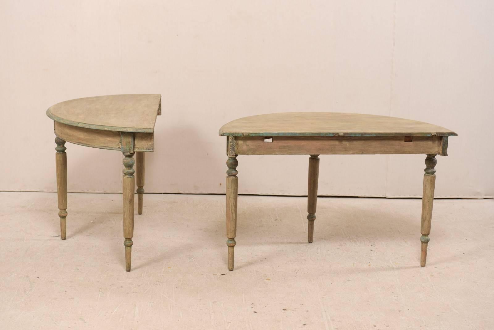 Pair of 19th Century Swedish Painted Wood Demi-Lune Tables with Turned Legs 3