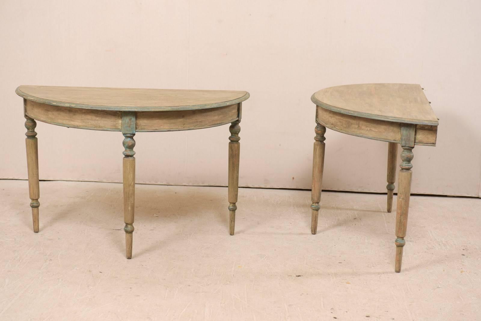 Pair of 19th Century Swedish Painted Wood Demi-Lune Tables with Turned Legs 4