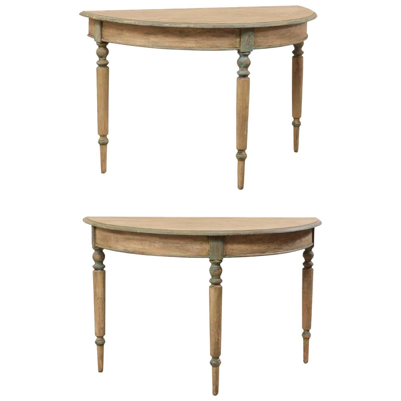 Pair of 19th Century Swedish Painted Wood Demi-Lune Tables with Turned Legs