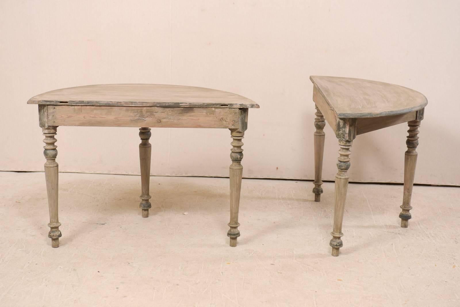 Carved Pair of 19th Century Swedish Painted Wood Demi-lune Tables on Nicely Turned Legs