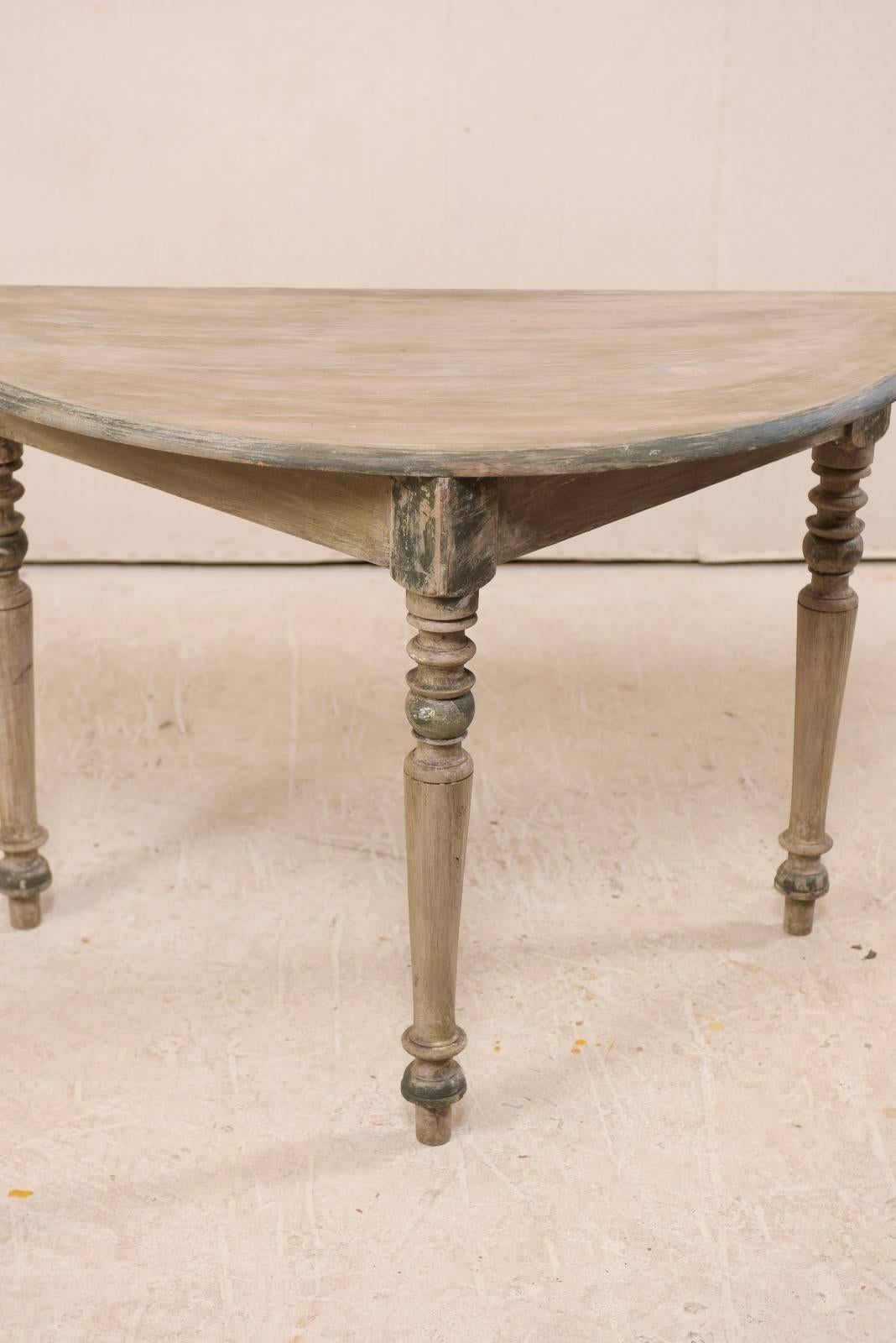 Pair of 19th Century Swedish Painted Wood Demi-lune Tables on Nicely Turned Legs In Good Condition In Atlanta, GA