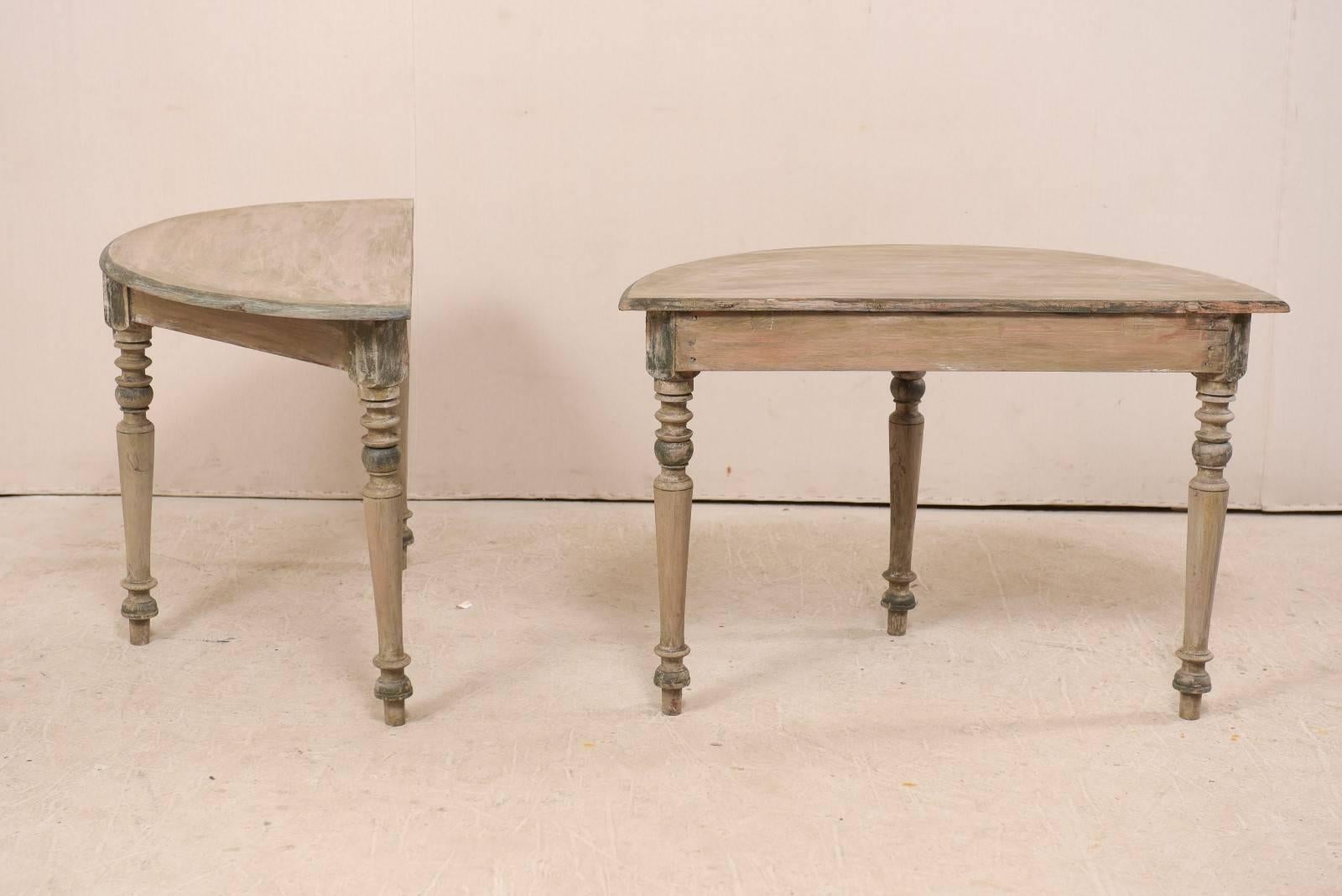 Pair of 19th Century Swedish Painted Wood Demi-lune Tables on Nicely Turned Legs 2