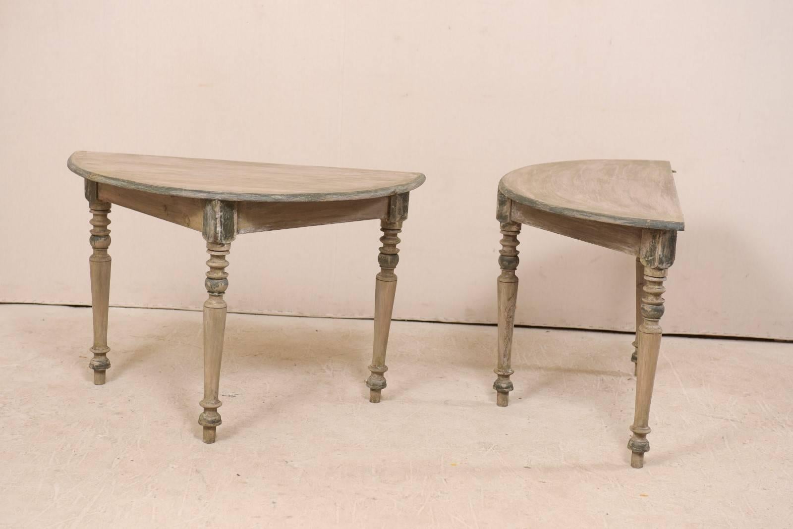 Pair of 19th Century Swedish Painted Wood Demi-lune Tables on Nicely Turned Legs 3