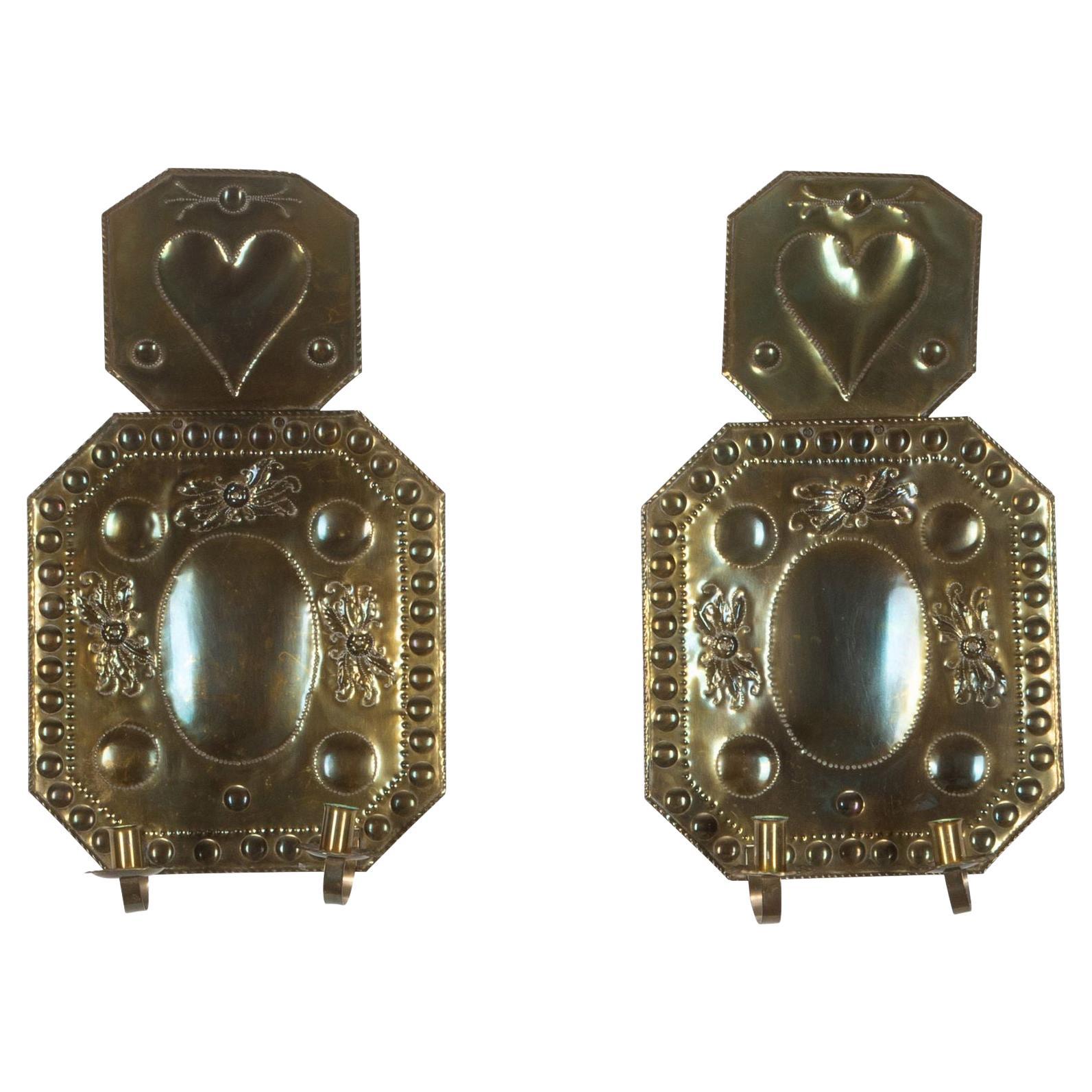 Pair of 19th Century Swedish Pressed Brass Wall Lights For Sale