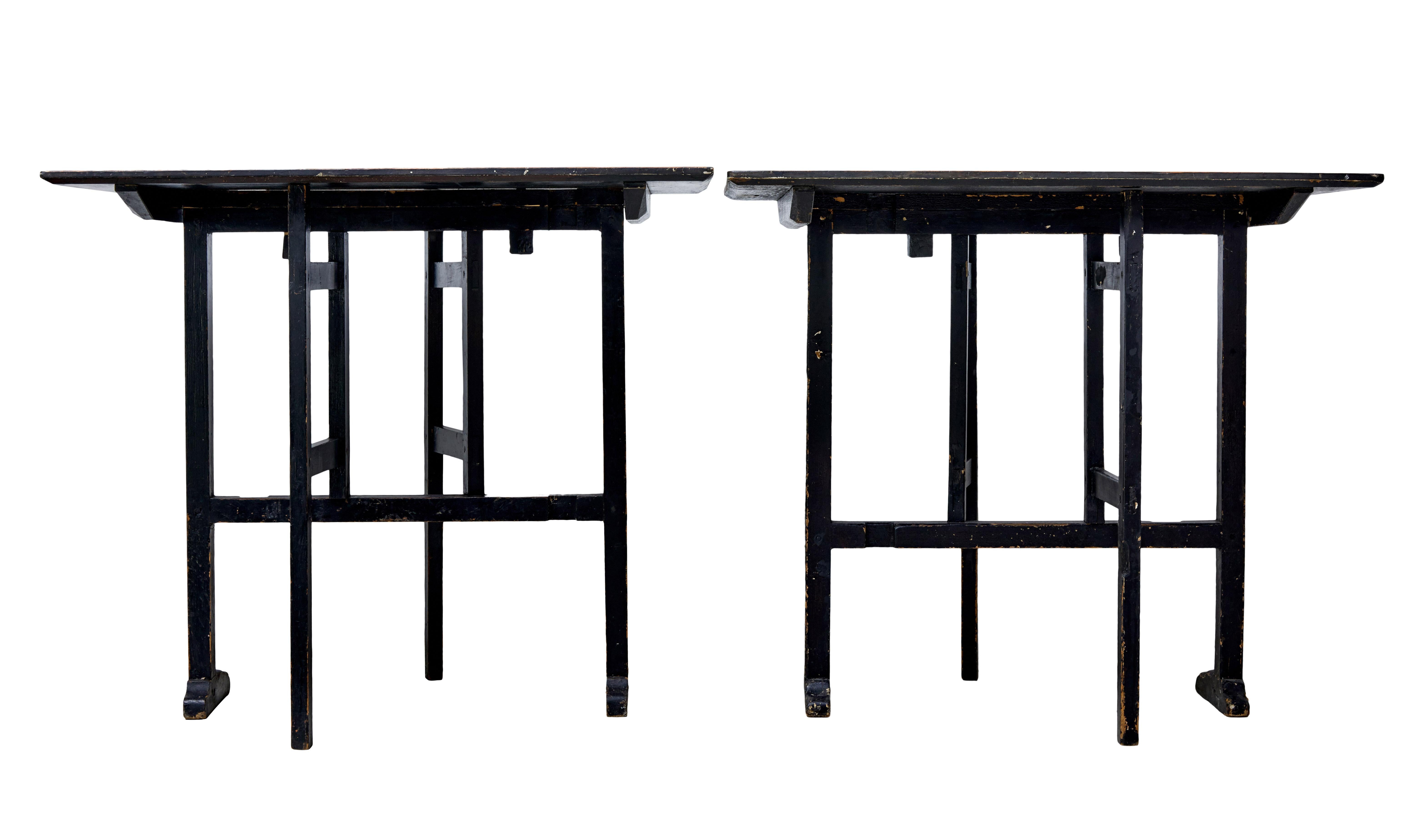 Hand-Painted Pair of 19th Century Swedish Rag Work Painted Square Folding Tables