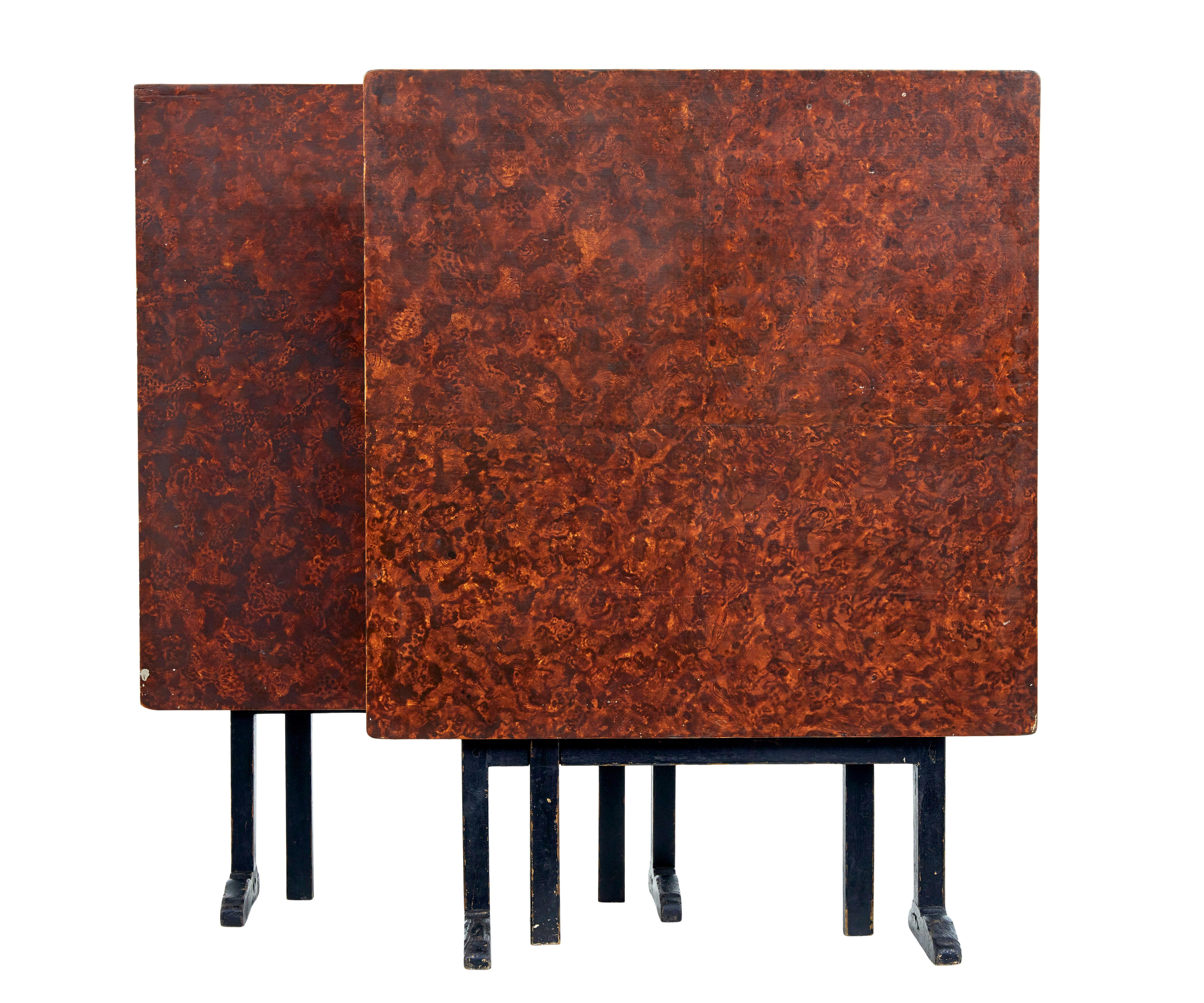 We are pleased to offer this pair of ragwork table in original condition circa 1860.

Original ragwork painted squared tops in a deep terracotta wash.  Standing on a black painted base.  Tilt top mechanism.

Expected losses to paintwork which could