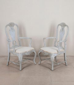 Pair of 19th Century Swedish Rococo Painted Open Armchairs