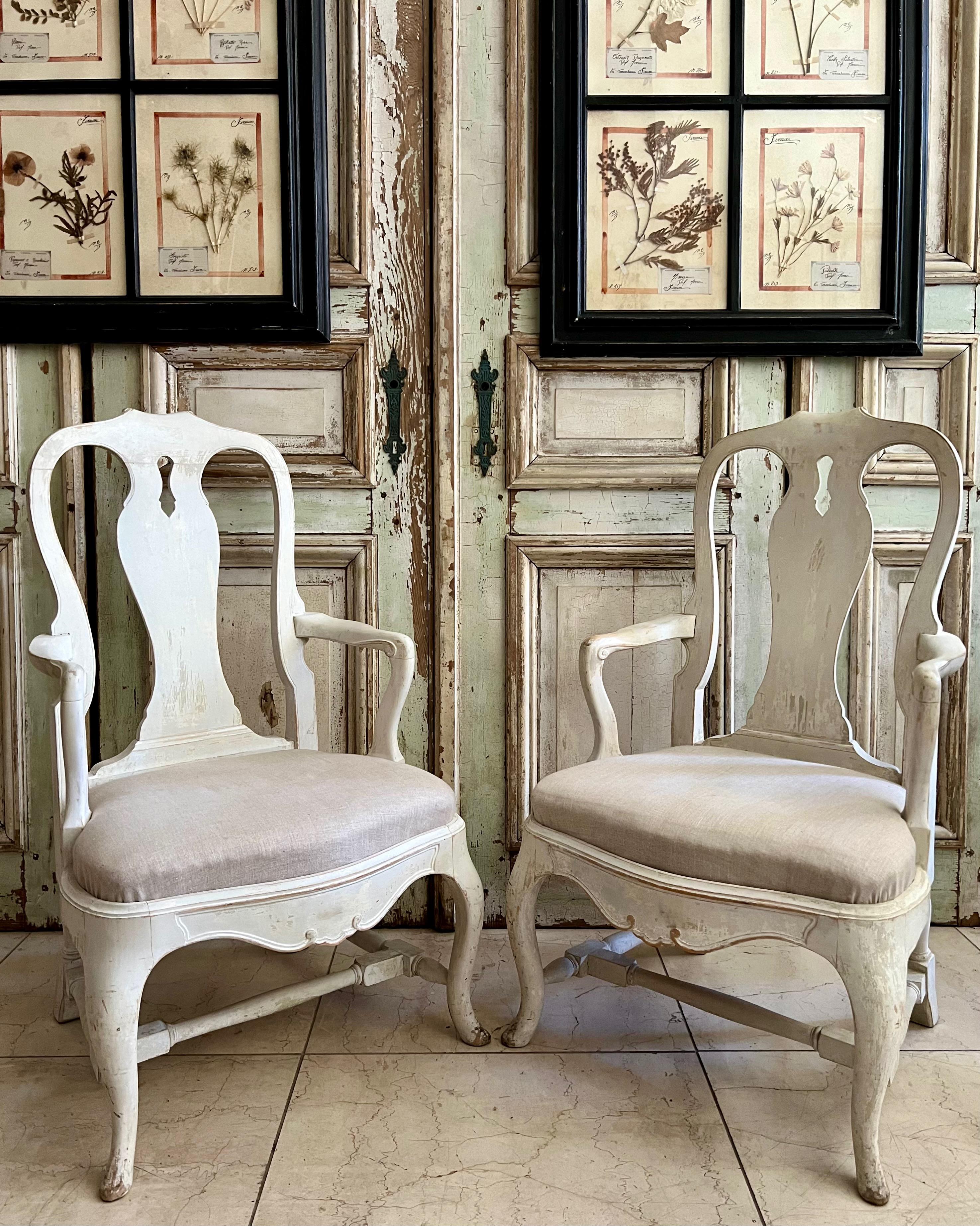 19th Century Pair of 19th century Swedish Rococo Style Painted Armchairs For Sale