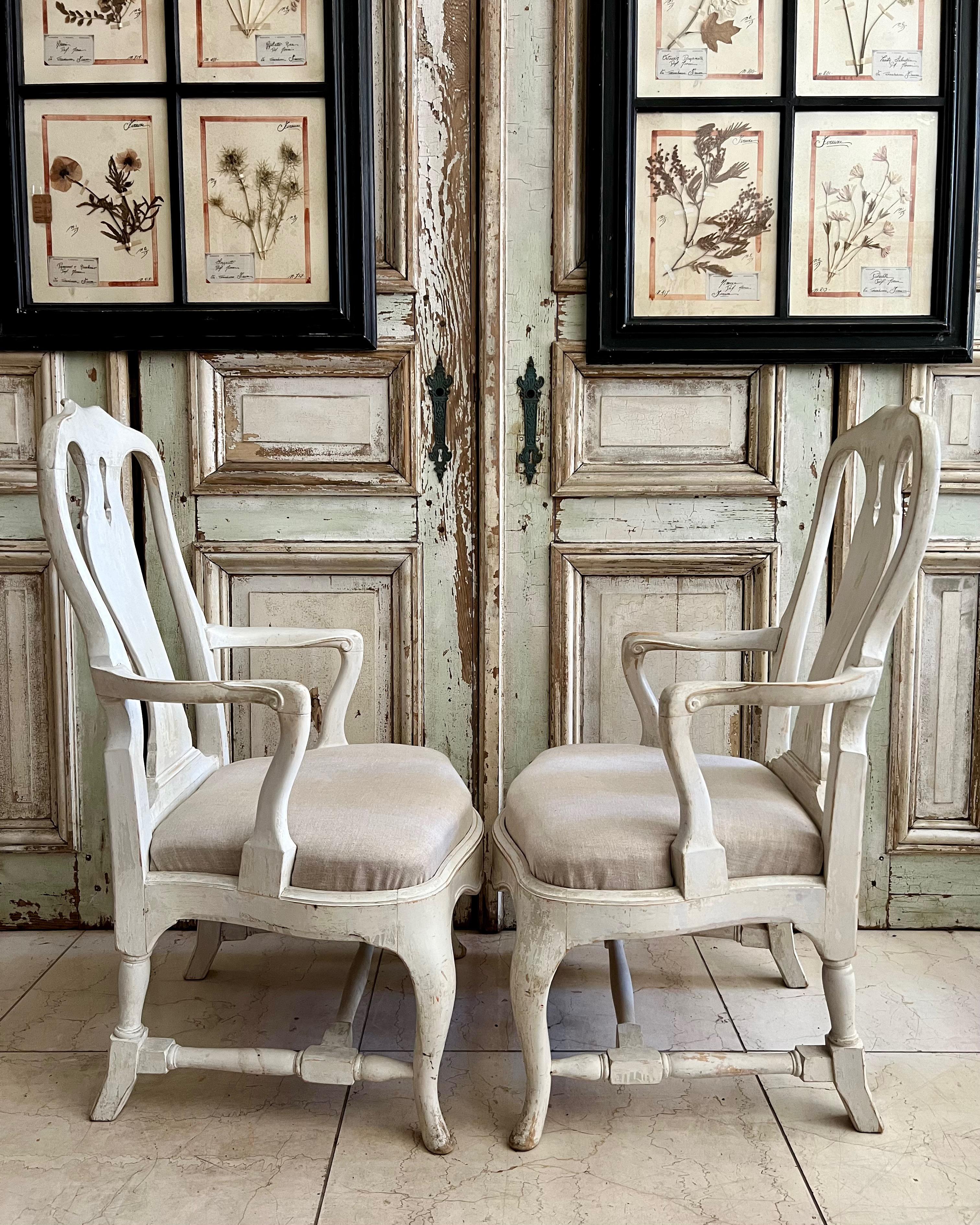 Linen Pair of 19th century Swedish Rococo Style Painted Armchairs For Sale