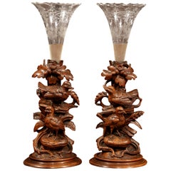 Pair of 19th Century Swiss Black Forest Carved Walnut and Cut Glass Vases