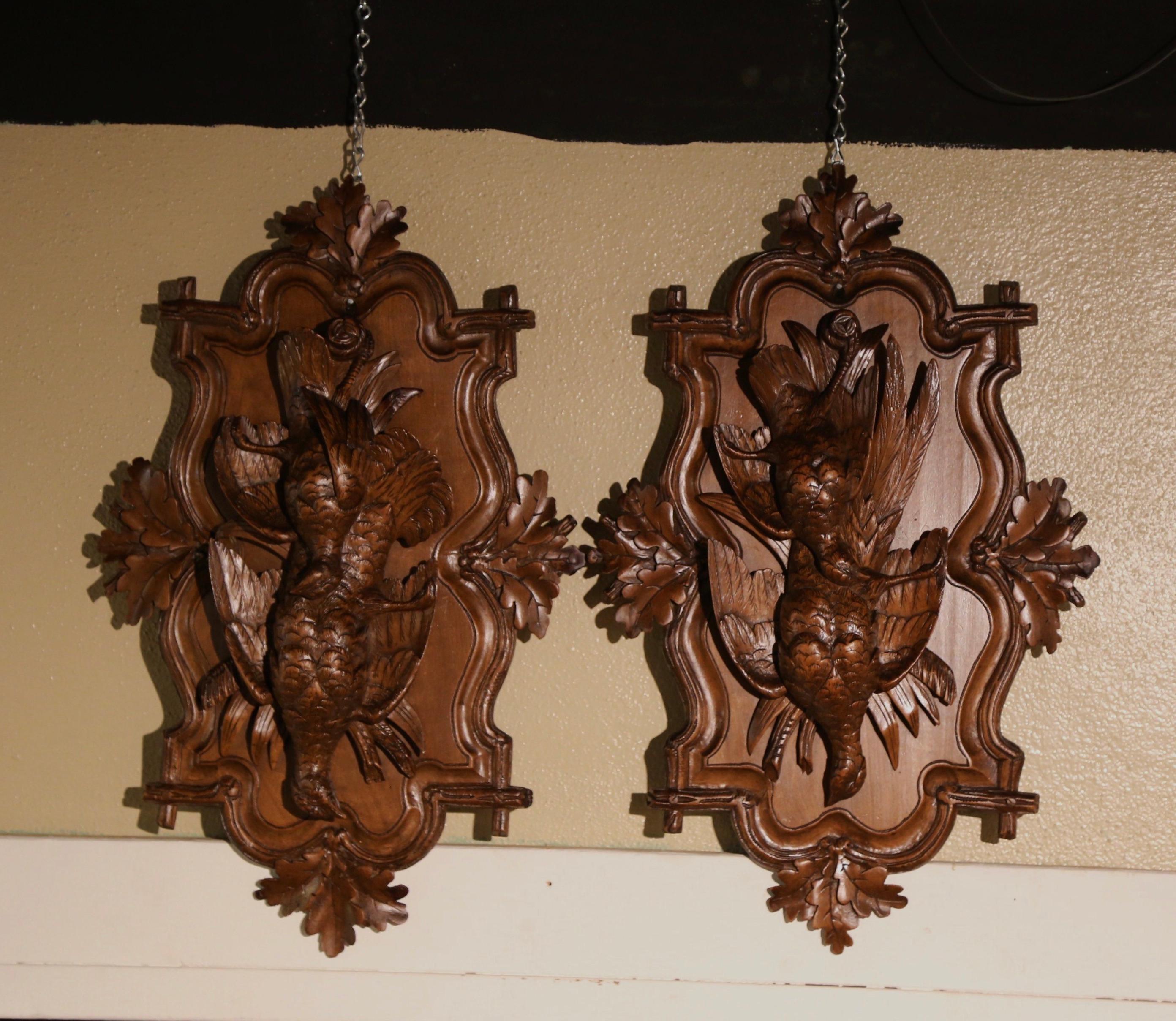 Pair of 19th Century Swiss Black Forest Carved Walnut Hunt Trophies Sculptures For Sale 1