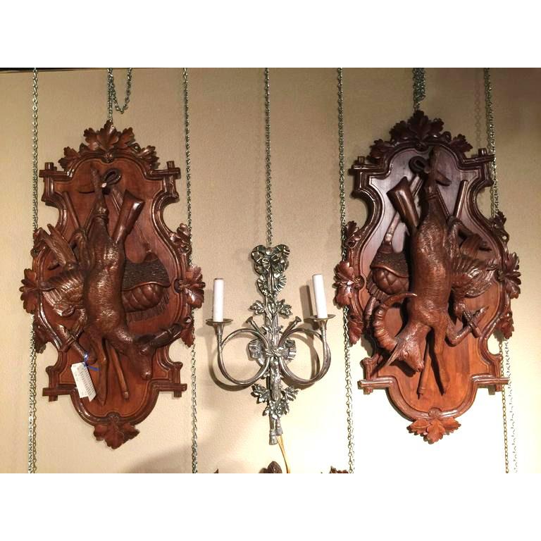 Pair of 19th Century Swiss Black Forest Carved Walnut Hunt Trophies Sculptures 2