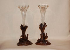 Pair 19th Century Swiss Carved Walnut Black Forest Vases or Epergnes circa 1870