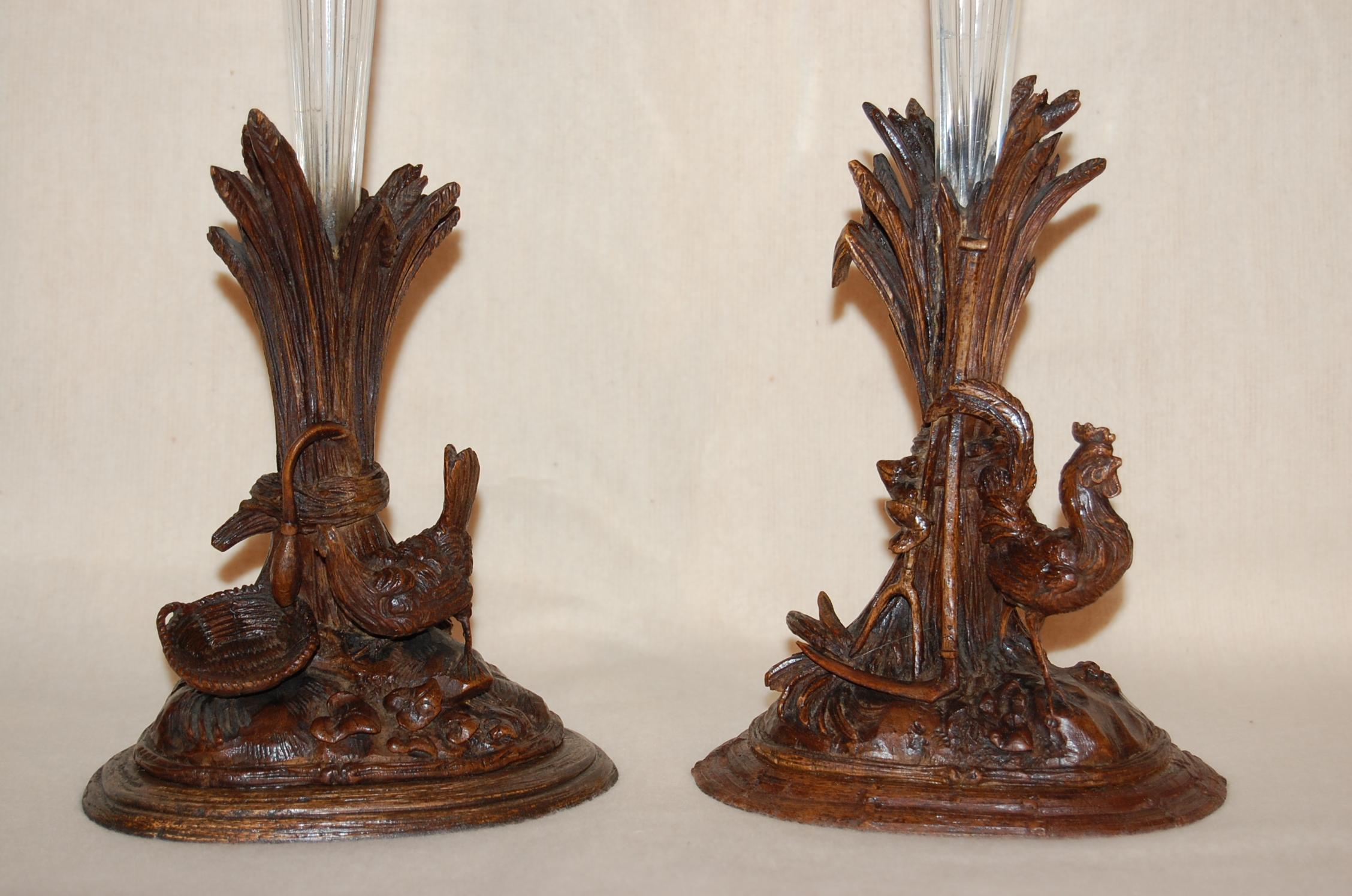 Hand-Carved Pair 19th Century Swiss Carved Walnut Black Forest Vases or Epergnes circa 1870