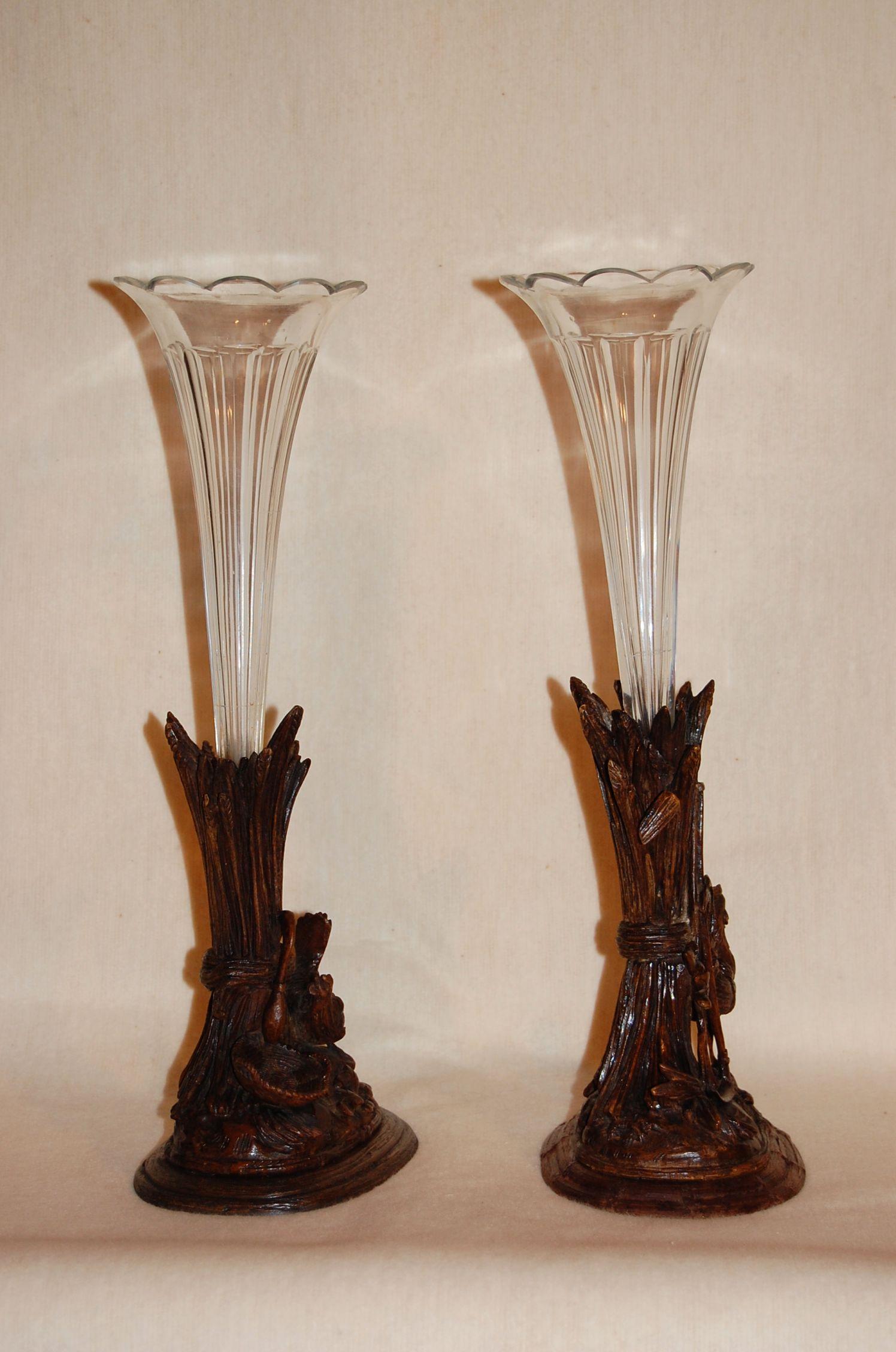 Pair 19th Century Swiss Carved Walnut Black Forest Vases or Epergnes circa 1870 In Good Condition In Pittsburgh, PA