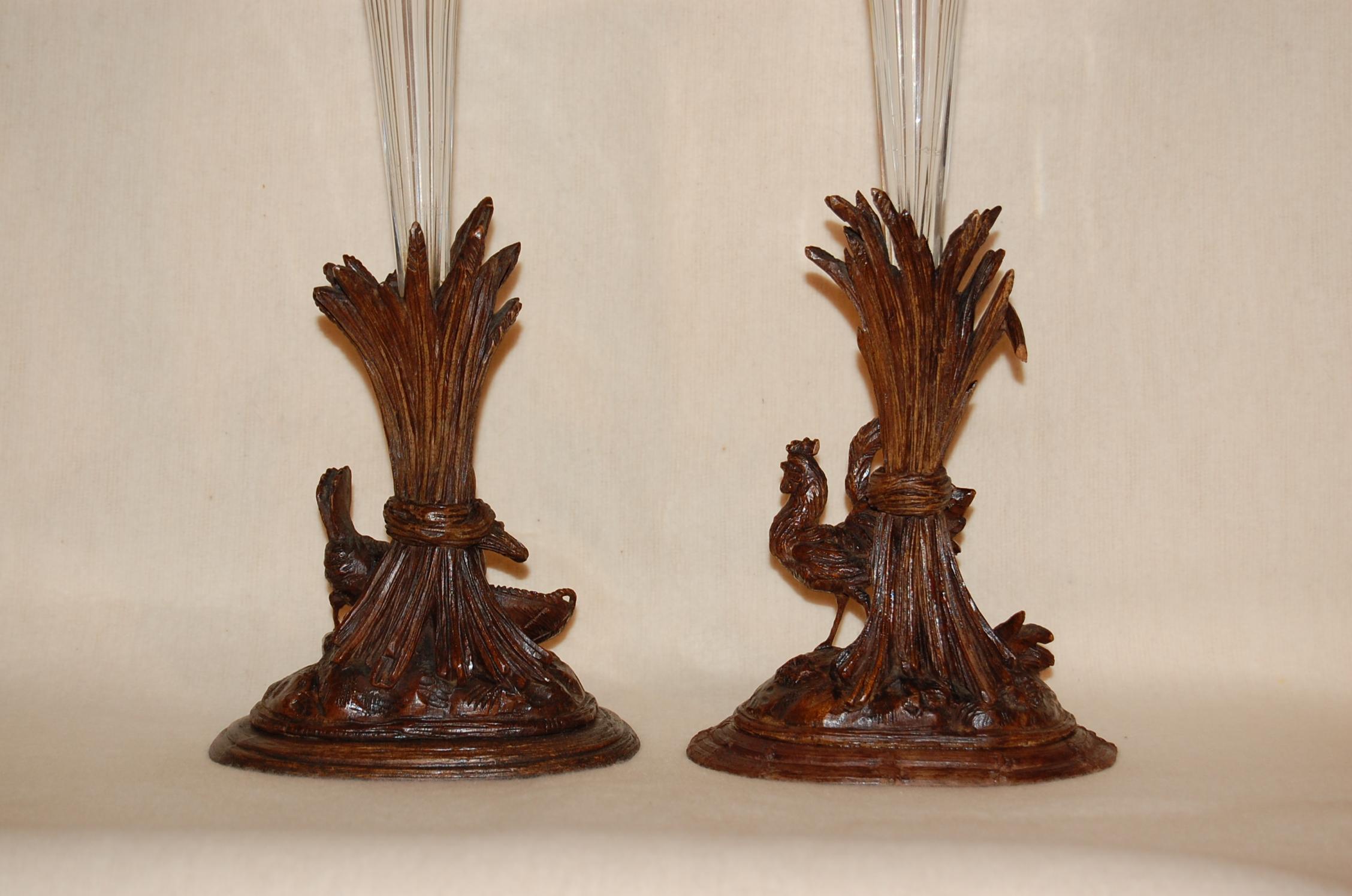 Late 19th Century Pair 19th Century Swiss Carved Walnut Black Forest Vases or Epergnes circa 1870