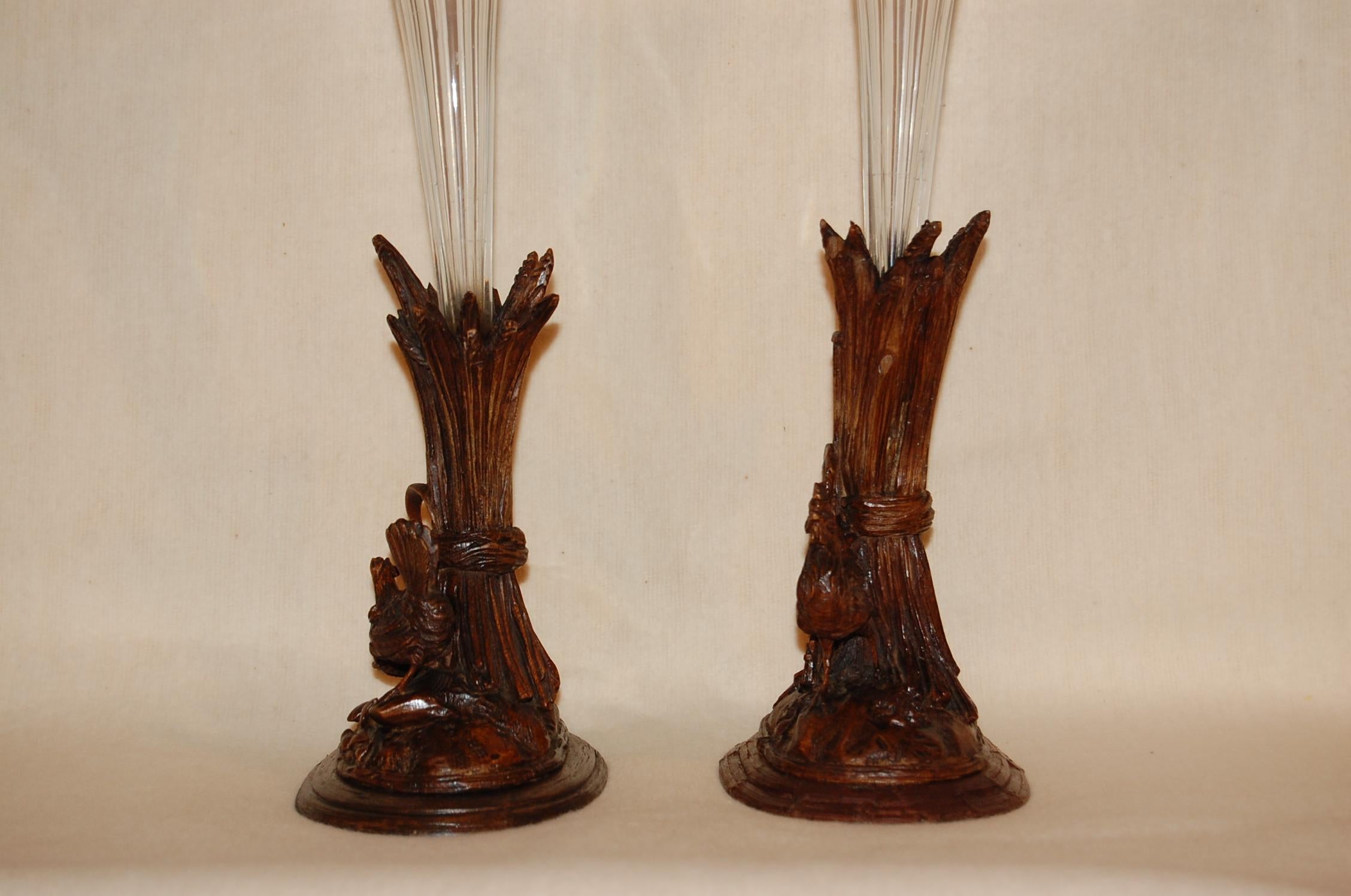 Pair 19th Century Swiss Carved Walnut Black Forest Vases or Epergnes circa 1870 1