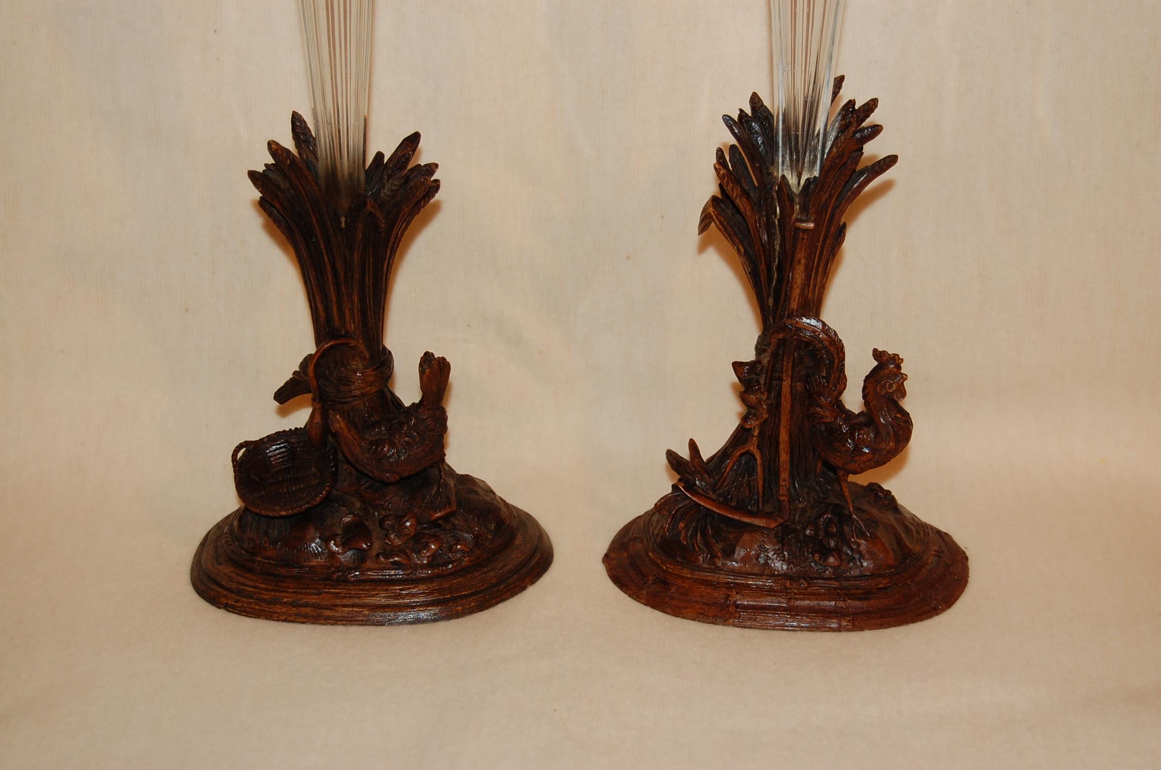 Pair 19th Century Swiss Carved Walnut Black Forest Vases or Epergnes circa 1870 2