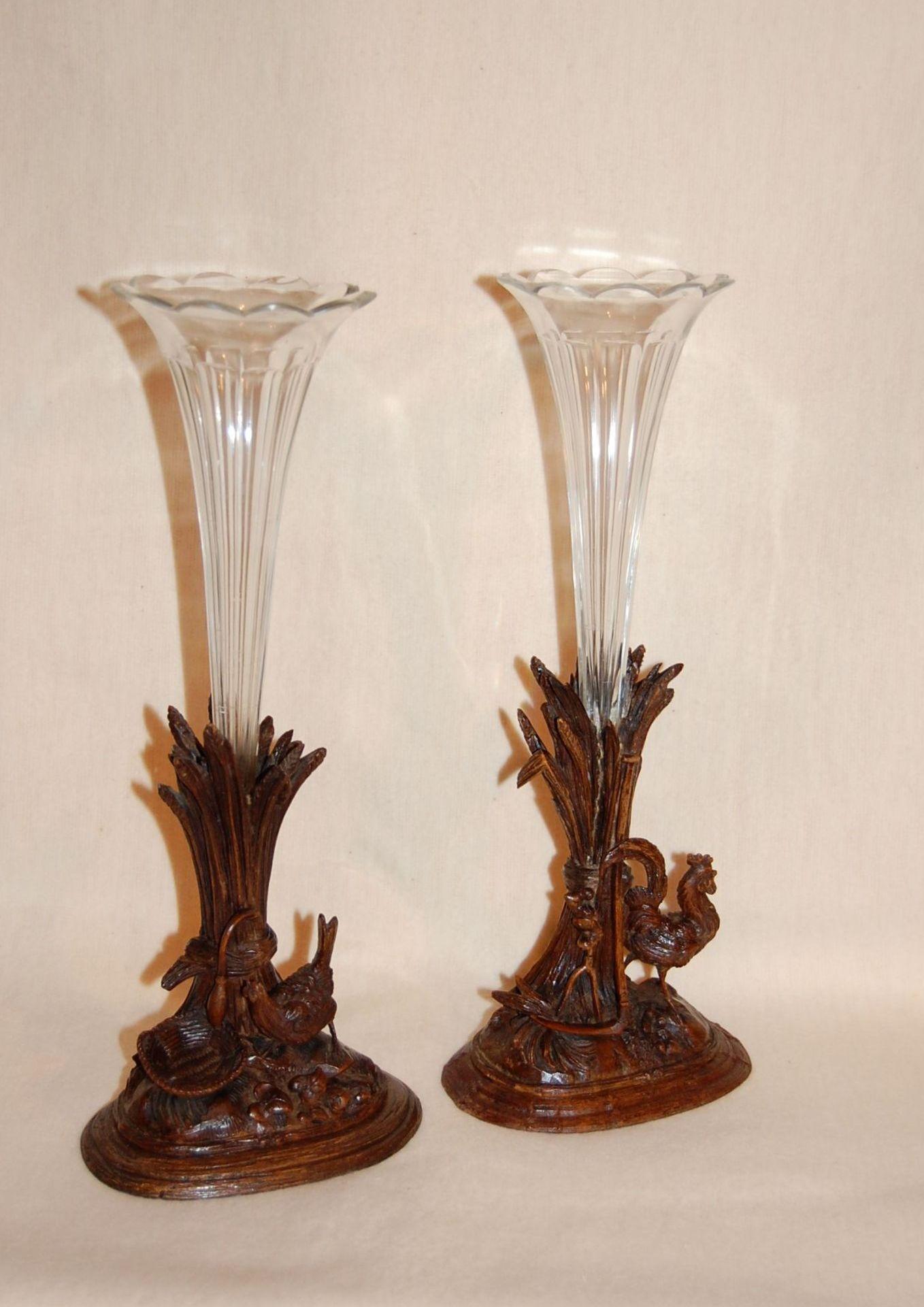 Pair 19th Century Swiss Carved Walnut Black Forest Vases or Epergnes circa 1870 3
