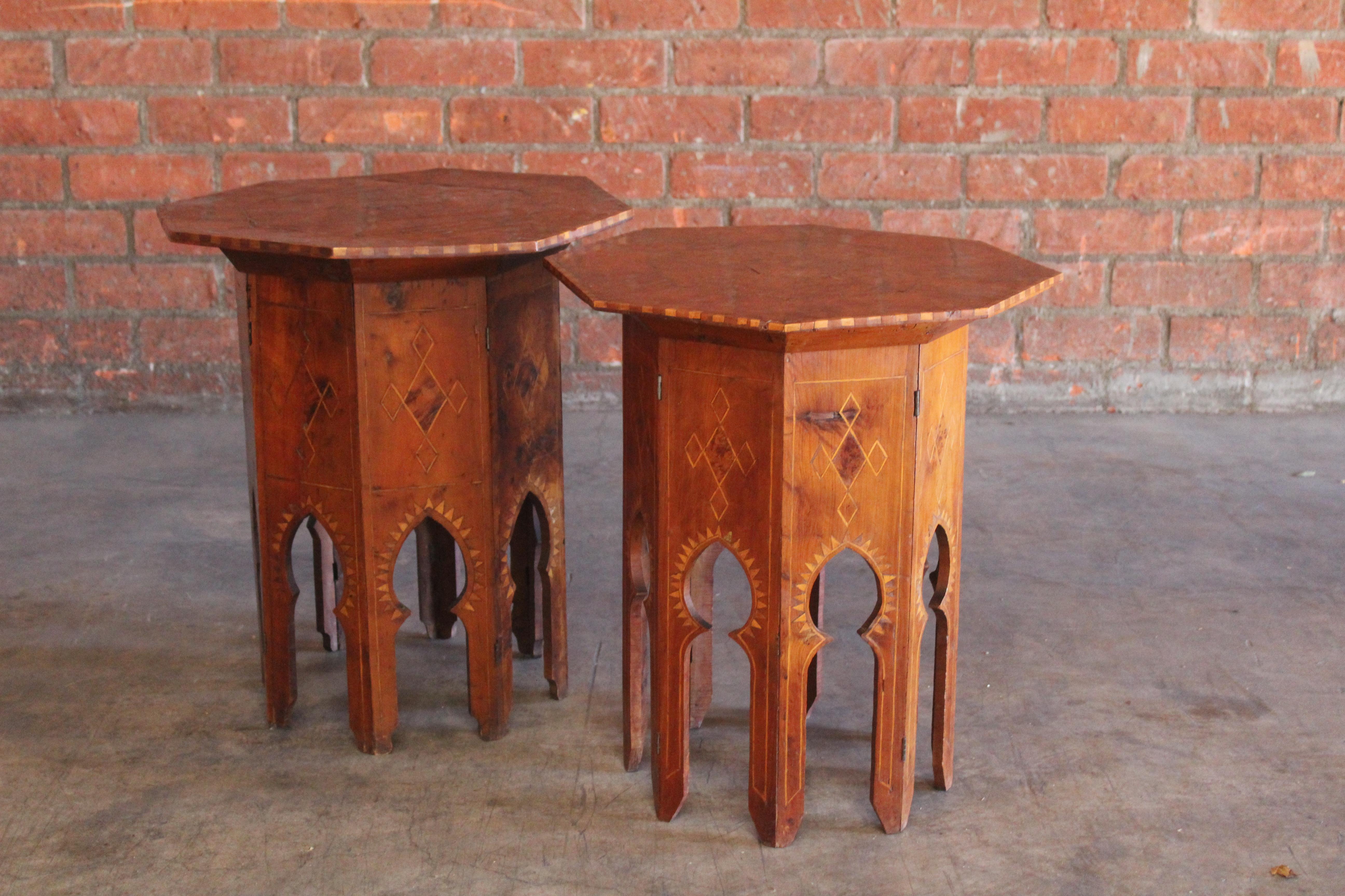 Pair of antique 19th century Syrian inlaid side tables made of mixed woods. They are similar in sizes but not identical. Larger table is 23