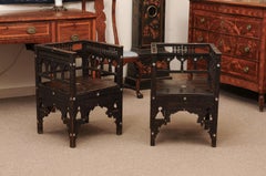 Pair of 19th Century Syrian Oak Arm Chairs with Mother of Pearl Inlay