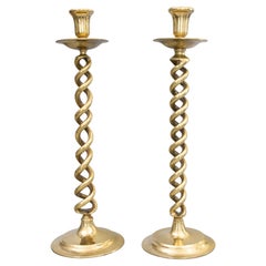 Pair of 19th Century Tall English Brass Open Twist Candlesticks
