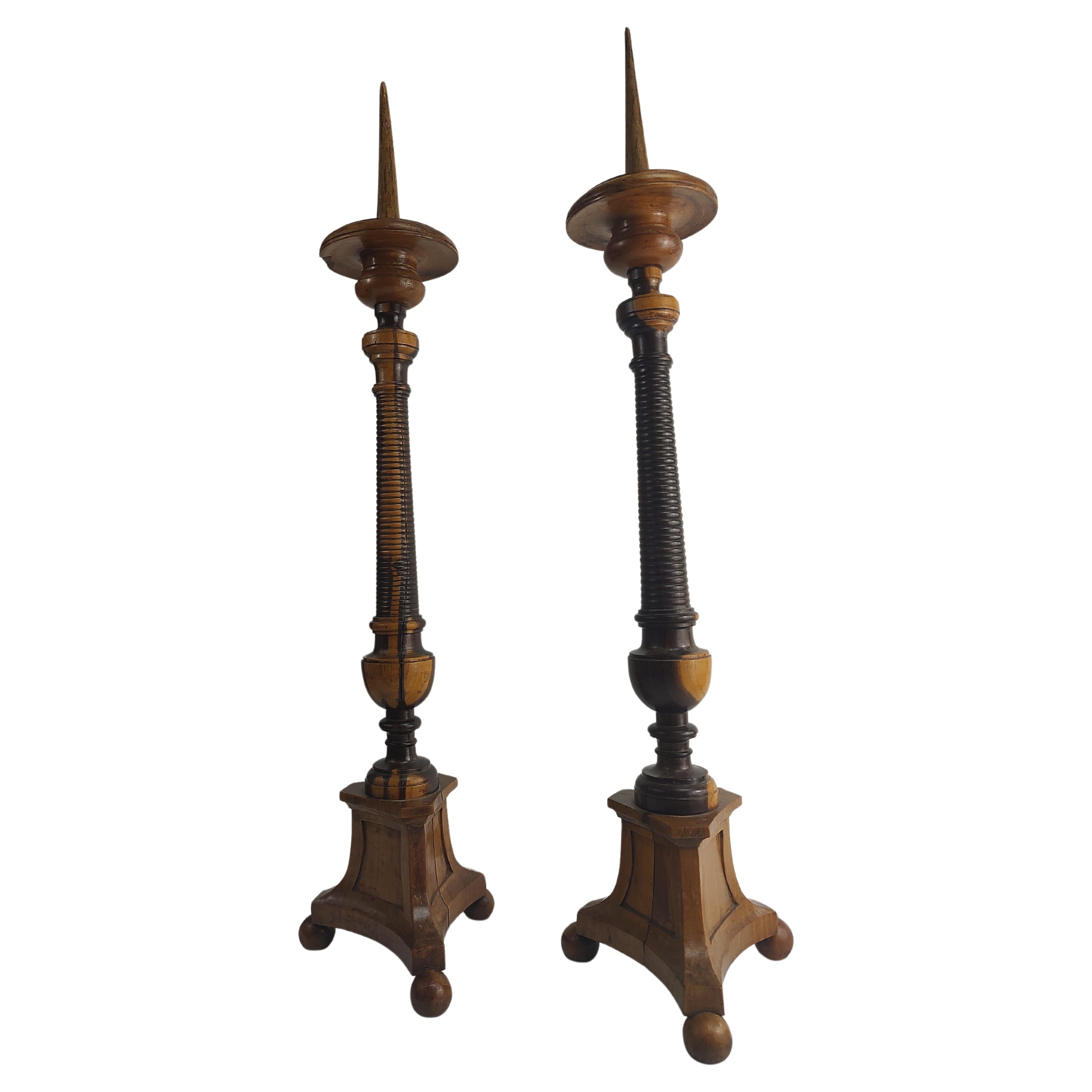 Pair of 19th Century Tall Turned Rosewood Prickett Candleholders  For Sale