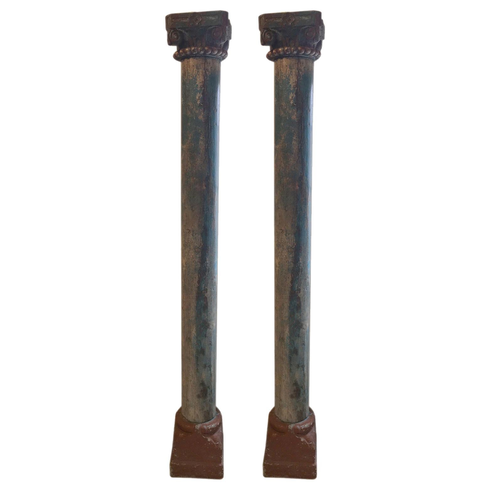 Pair of 19th Century, Teak Columns with Original Paint on Stone Bases