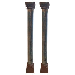 Pair of 19th Century, Teak Columns with Original Paint on Stone Bases