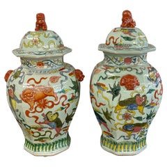 Antique Pair of 19th Century Temple Jars, Lidded, Chinoiserie Foo Dog Finials, 19th C.	