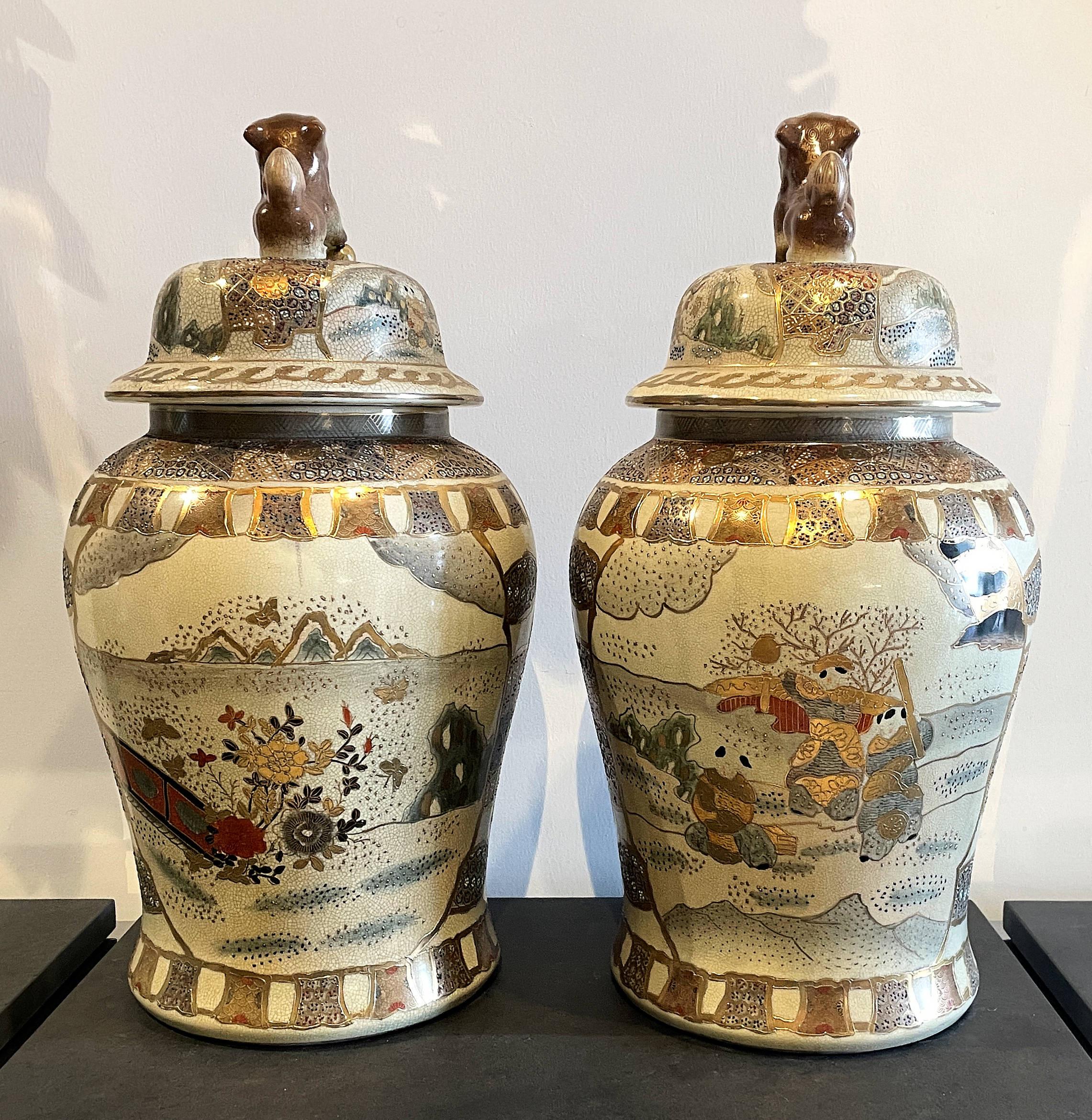 Pair of 19th century temple jars, lidded, Chinoiserie Foo Dog Finials, Exceptional quality and detail with raised hand painted work.
