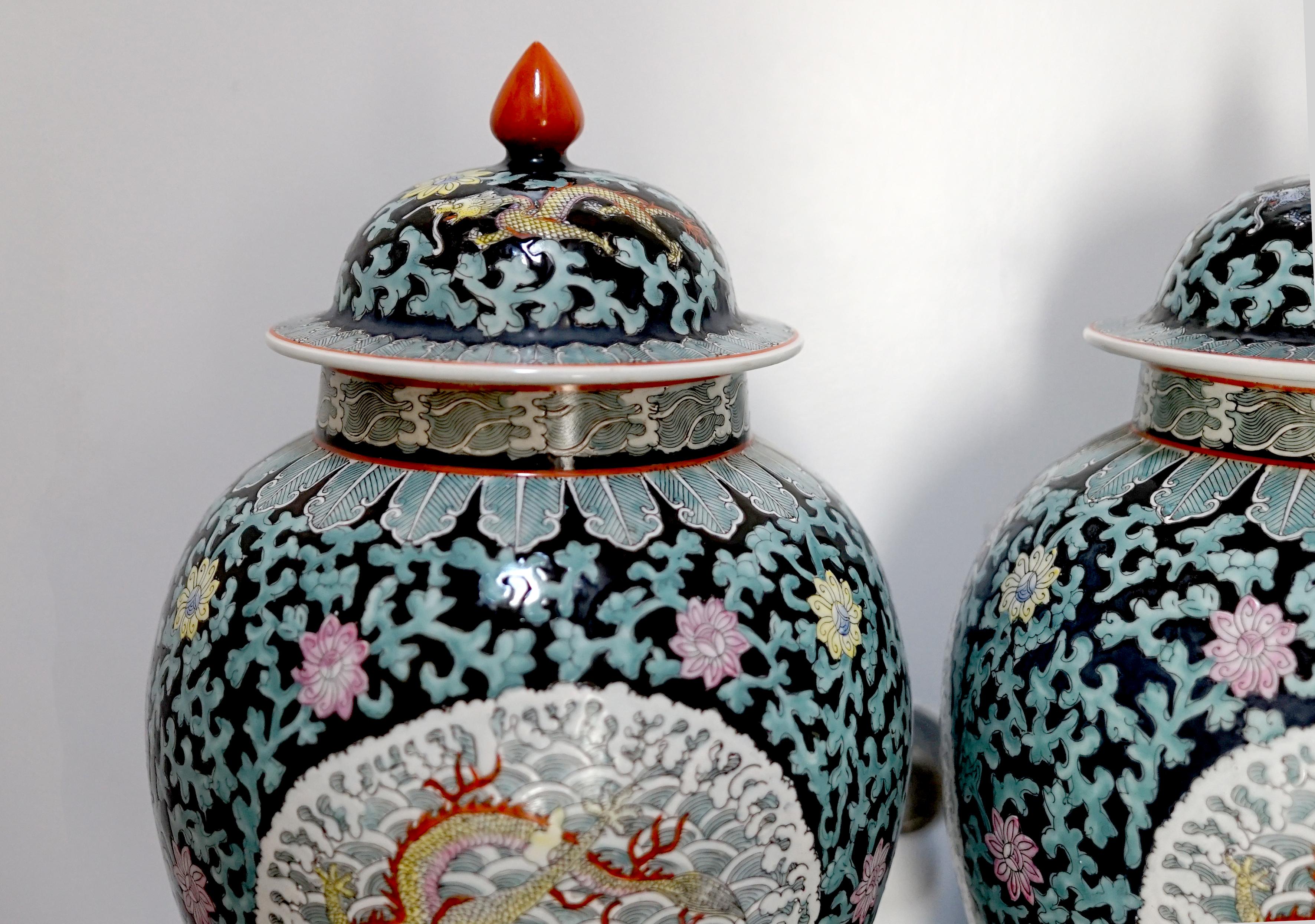 Pair of 20th Century Temple Jars with Dragons, Marked For Sale 3