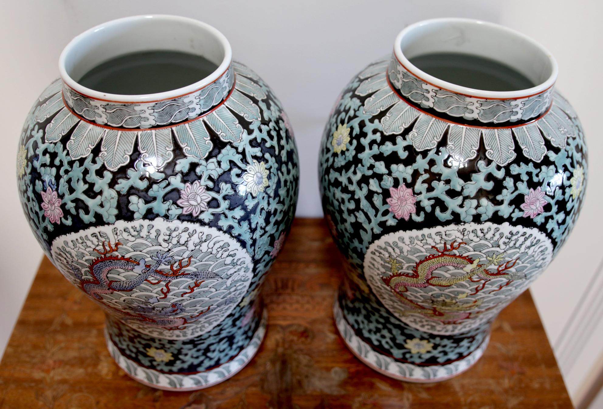 Pair of 20th Century Temple Jars with Dragons, Marked For Sale 4