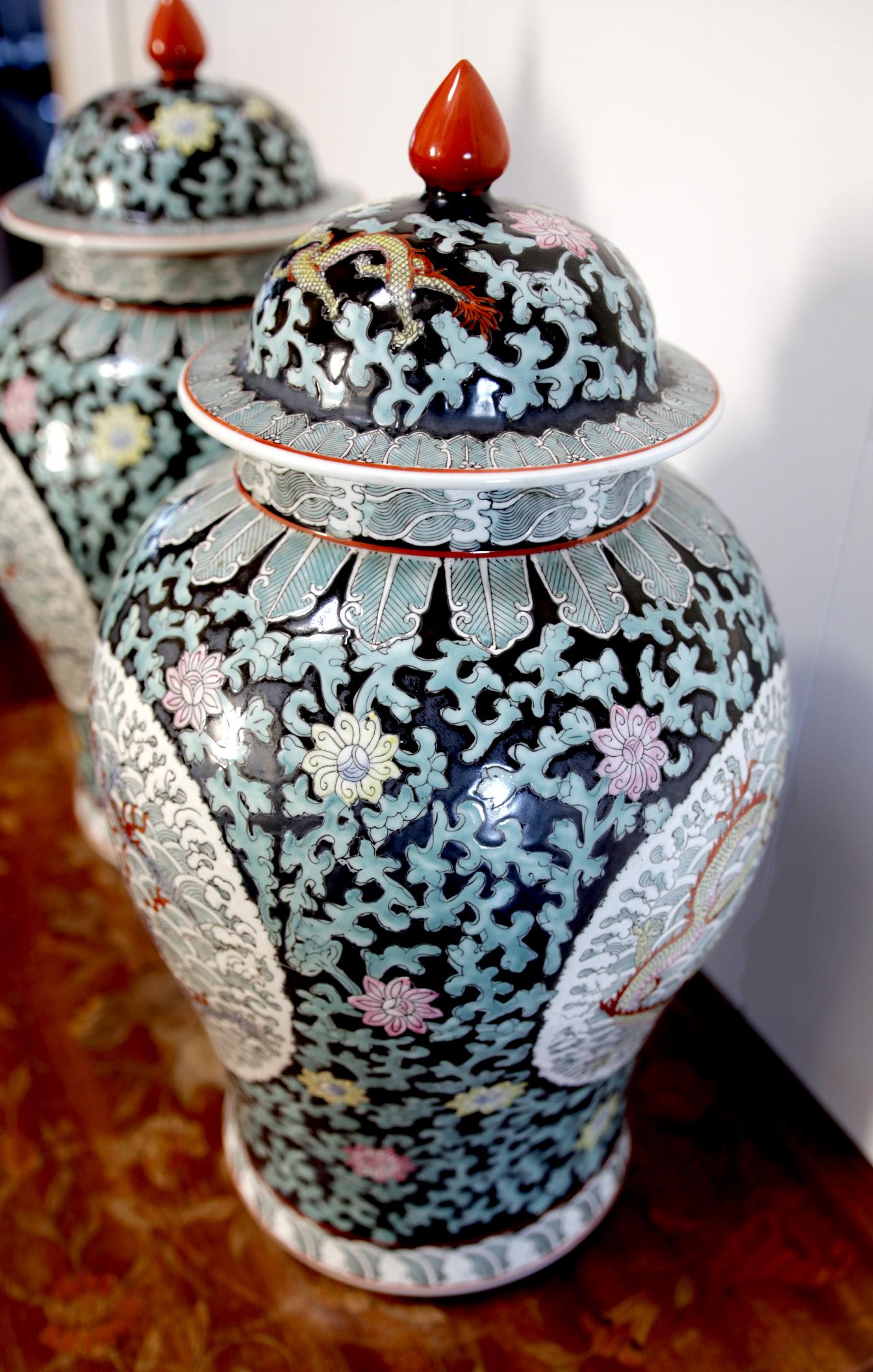 Chinese Export Pair of 20th Century Temple Jars with Dragons, Marked For Sale