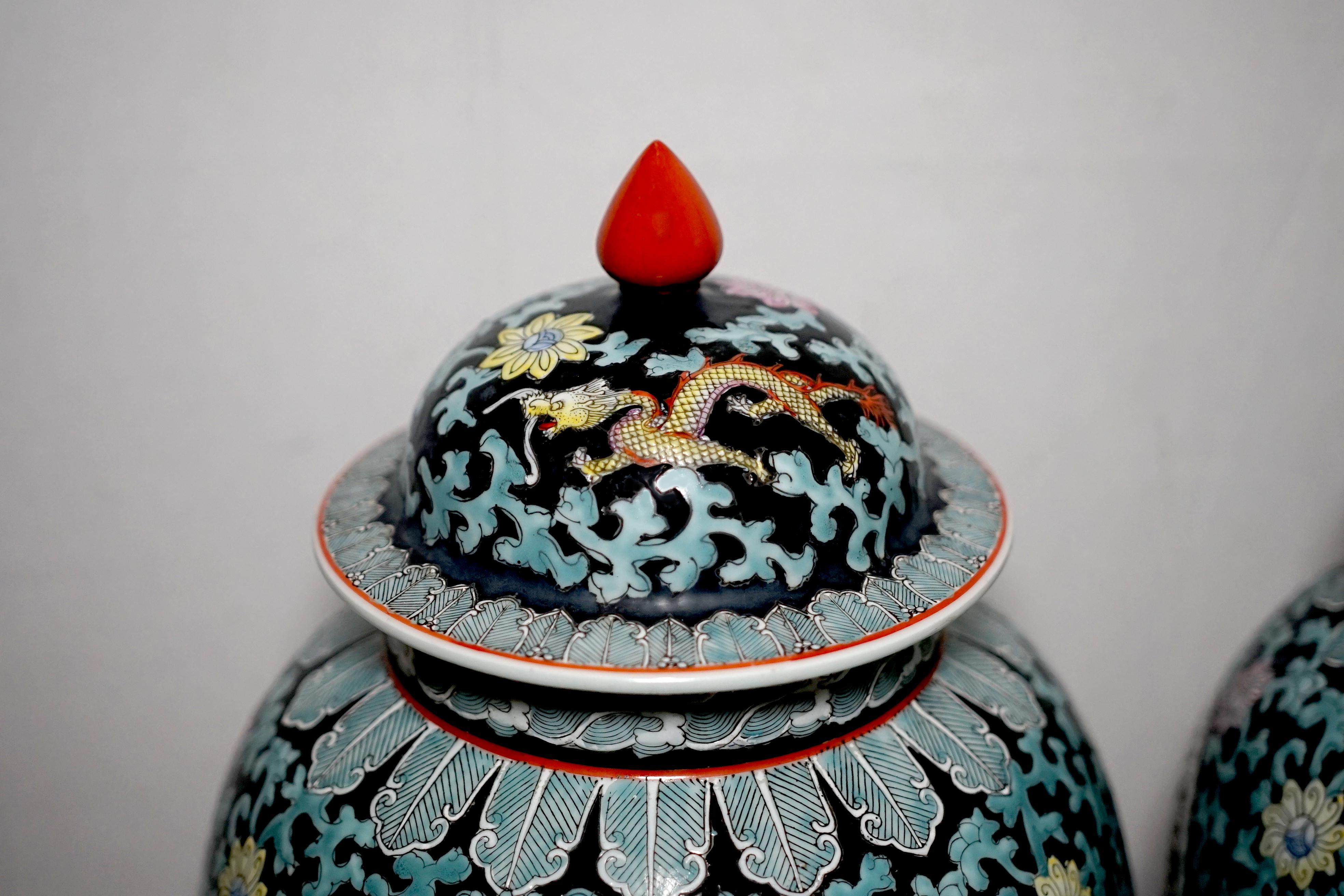 Glazed Pair of 20th Century Temple Jars with Dragons, Marked For Sale