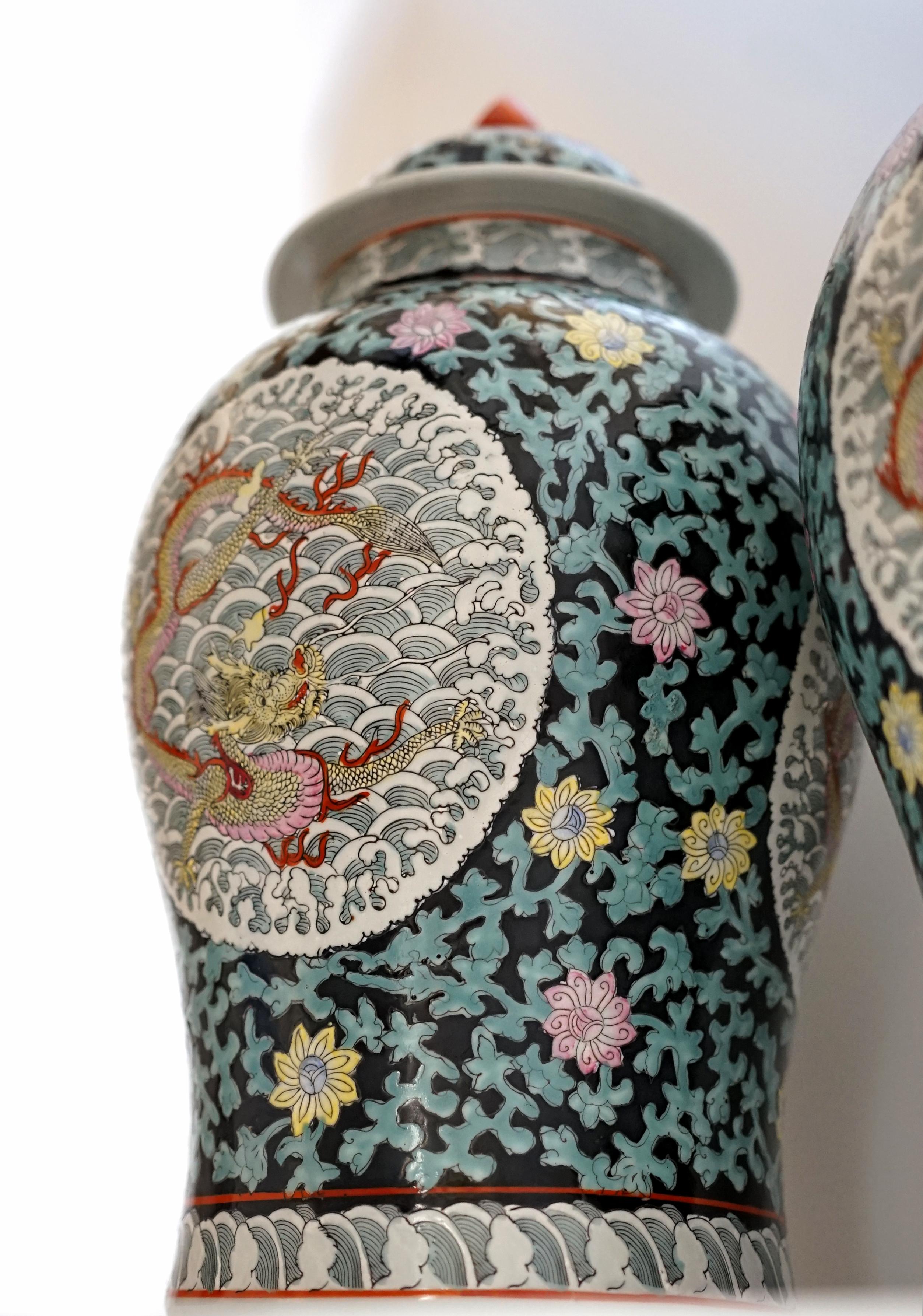 Pair of 20th Century Temple Jars with Dragons, Marked In Good Condition For Sale In Lomita, CA