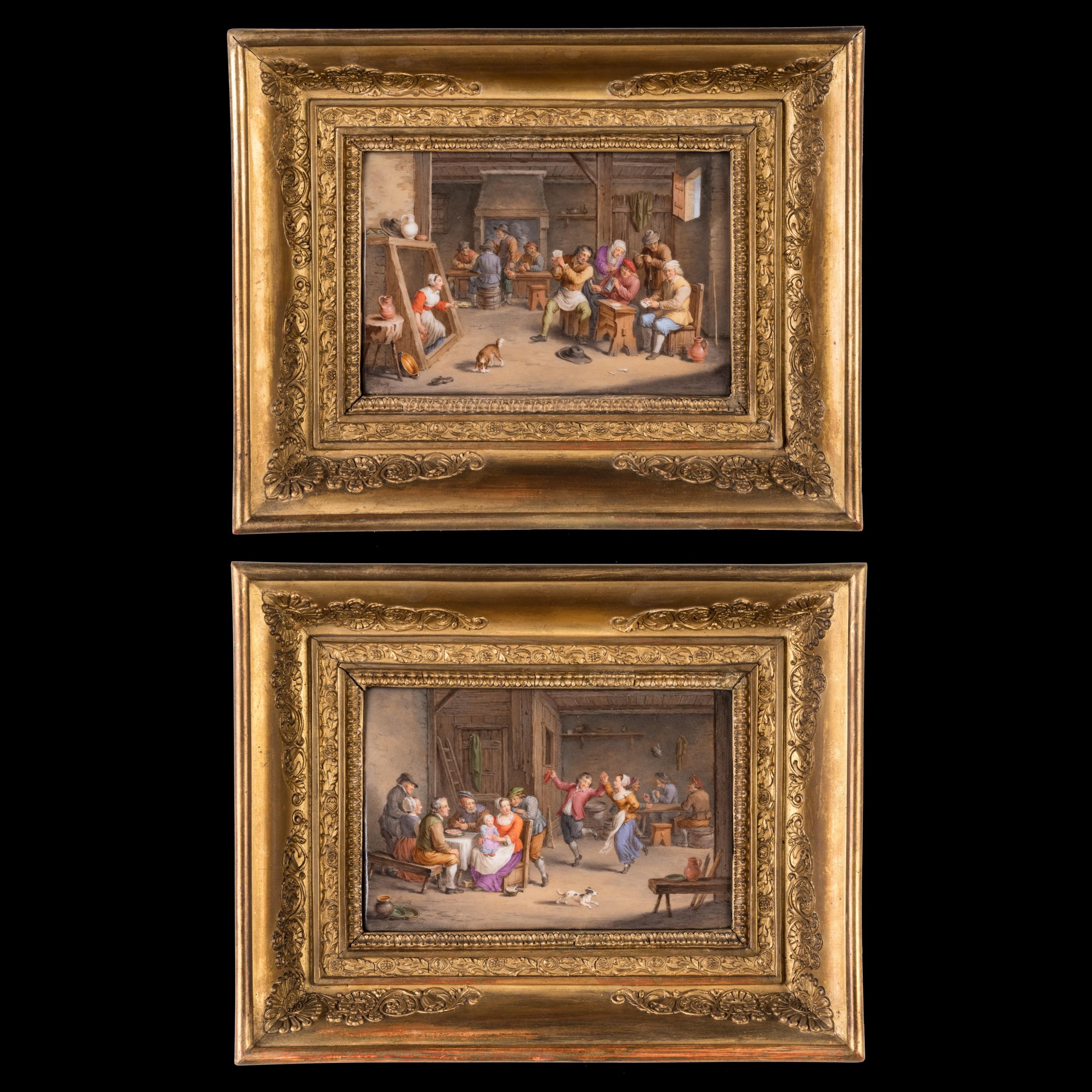 Un fino par de placas de porcelana enmarcadas
De escenas de taberna por Jean-Pierre Feuillet

Pareja de placas rectangulares pintadas a mano, vidriadas y cocidas, con escenas de género tabernario a la manera de David Teniers, el célebre pintor de