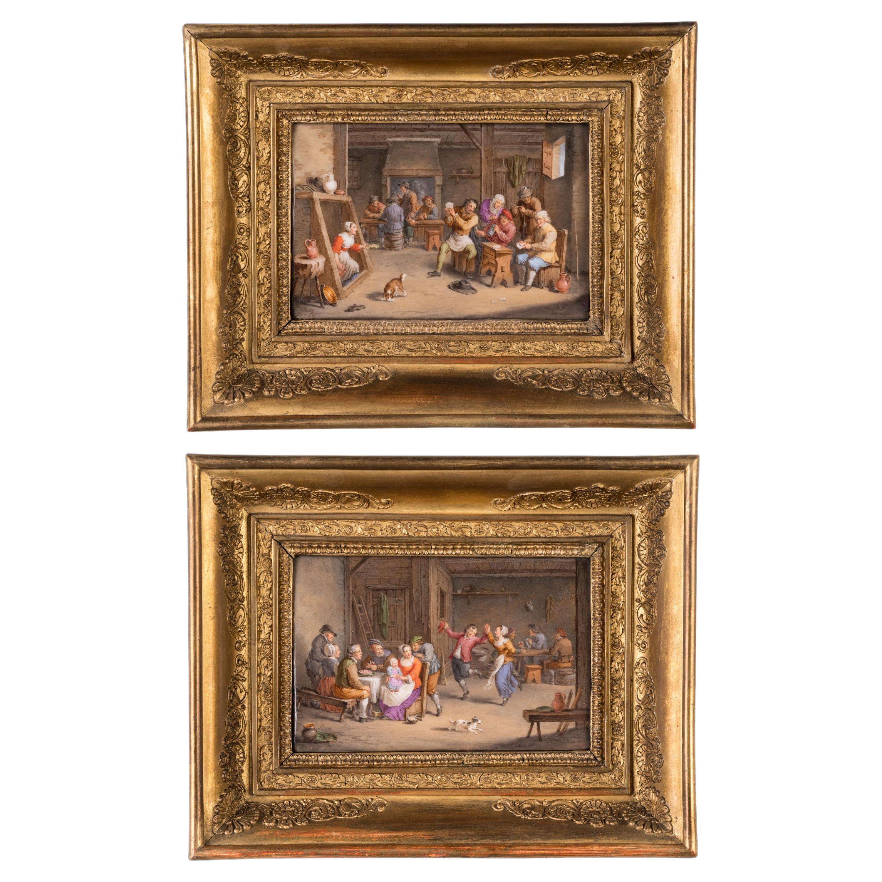 Coppia di targhe in porcellana "stile Teniers" del XIX secolo di Feuillet of Paris