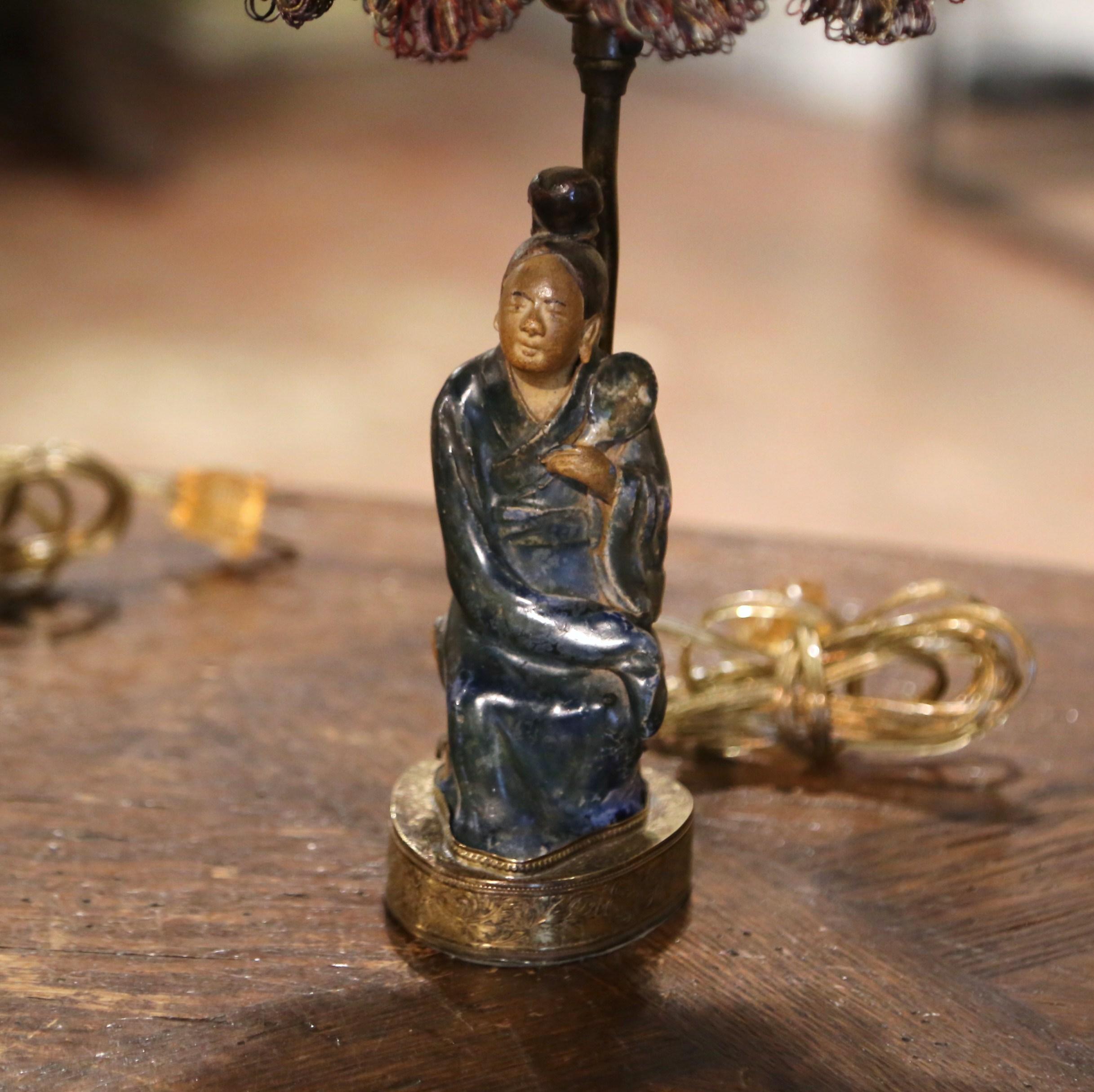 Hand-Painted Pair of 19th Century Terracotta Asian Figures Made into Table Lamps