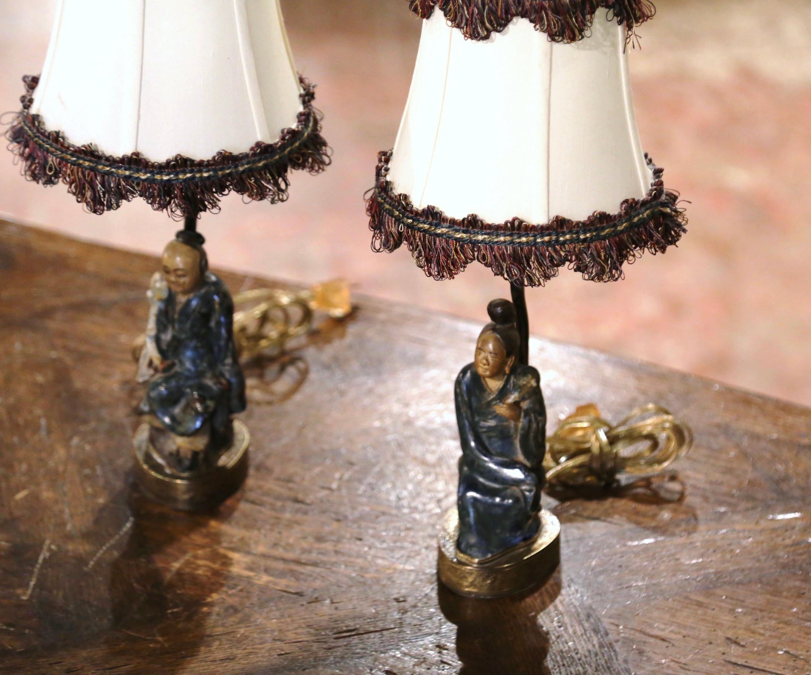 Brass Pair of 19th Century Terracotta Asian Figures Made into Table Lamps