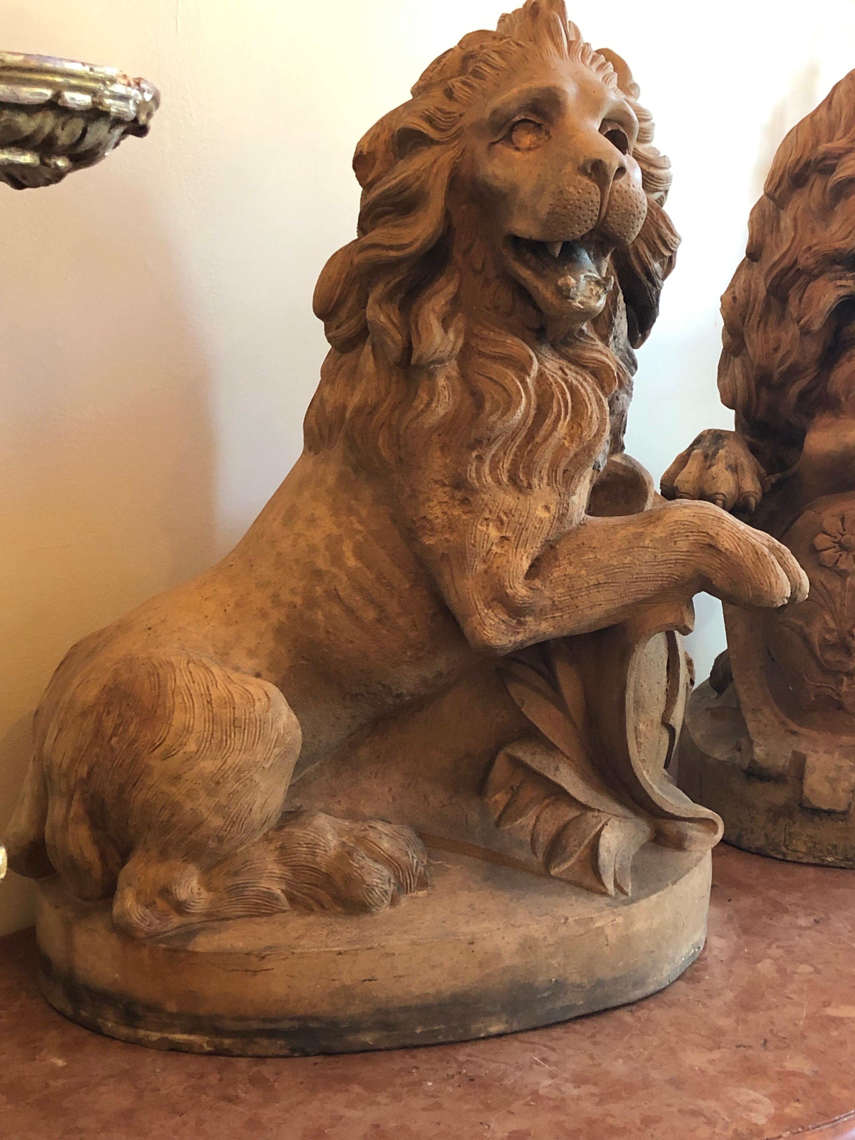 Paar sitzende Terrakotta-Löwen mit Schilden aus dem 19. Jahrhundert. Hergestellt von
Mandeville und Combler Fab De Produite Ceramique
für das Chateau De Castelnaud.