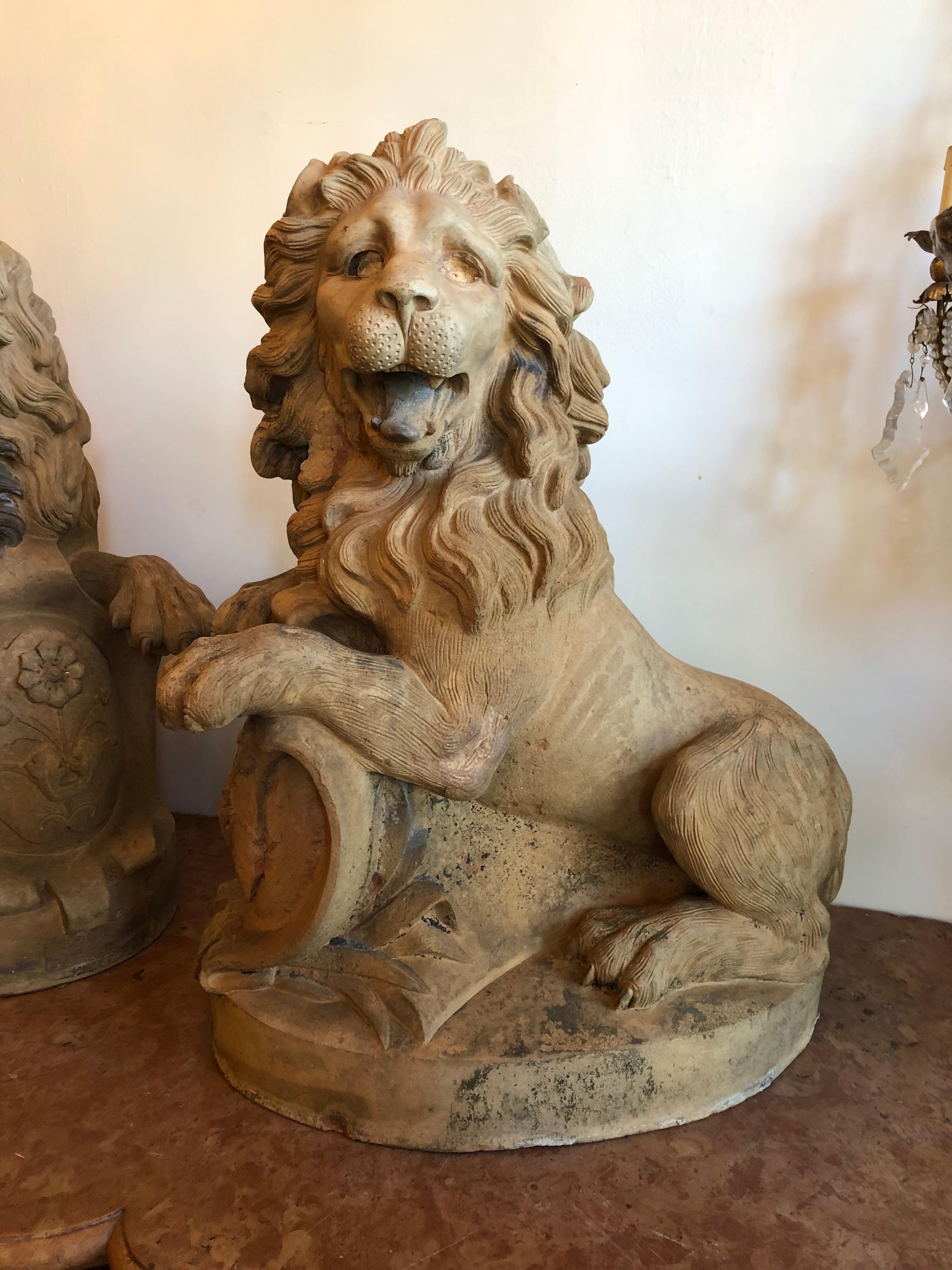 French Pair of 19th Century Terracotta Seated Lions For Sale