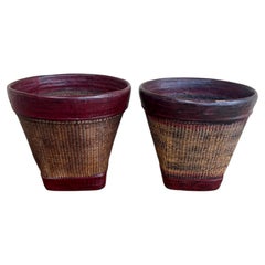 Pair of 19th Century Thai Hand Woven Rattan Red Lacquer Grain Baskets