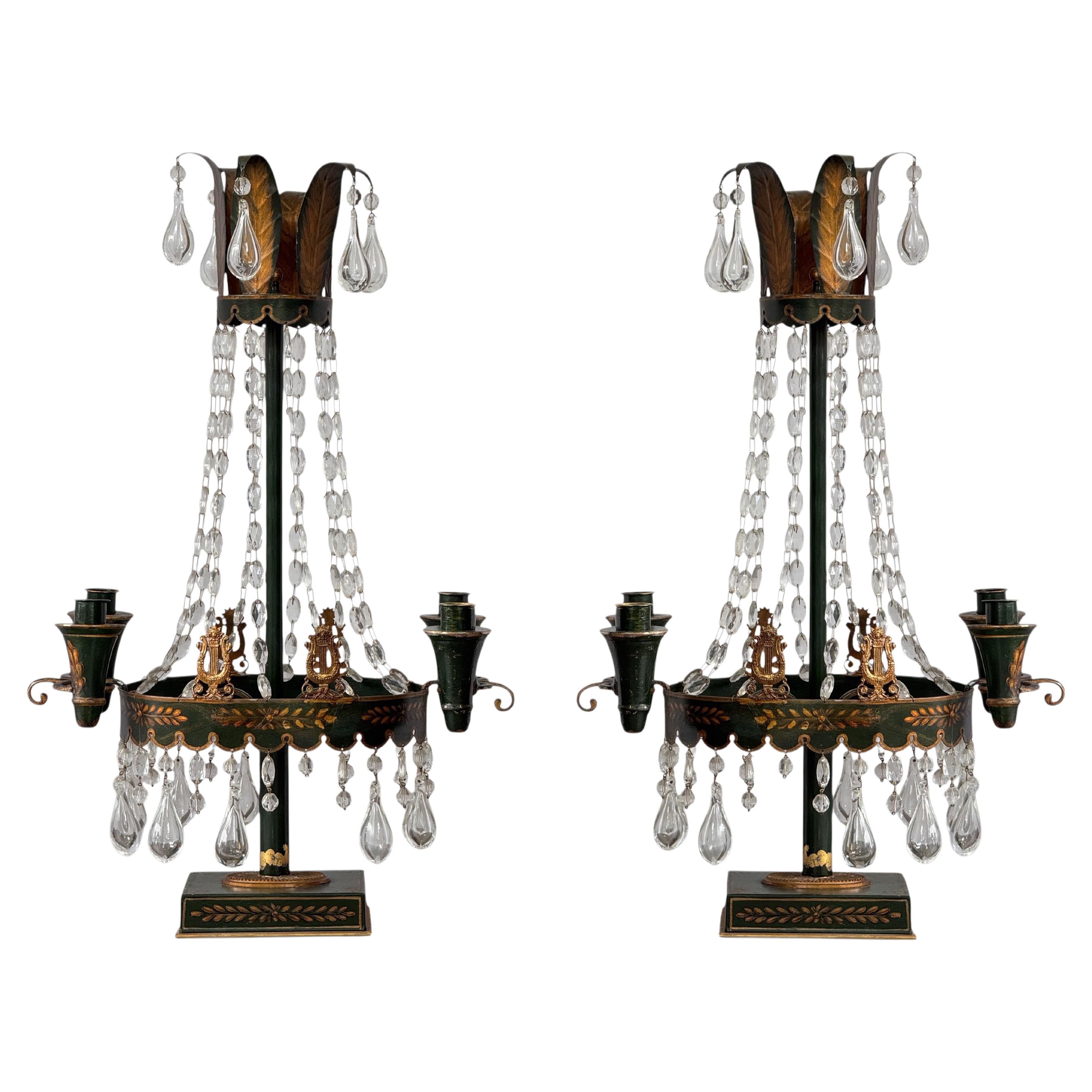 Pair of 19th Century Tôle Candelabra With Crystal Drops