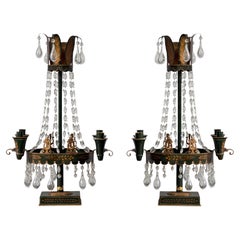 Antique Pair of 19th Century Tôle Candelabra With Crystal Drops