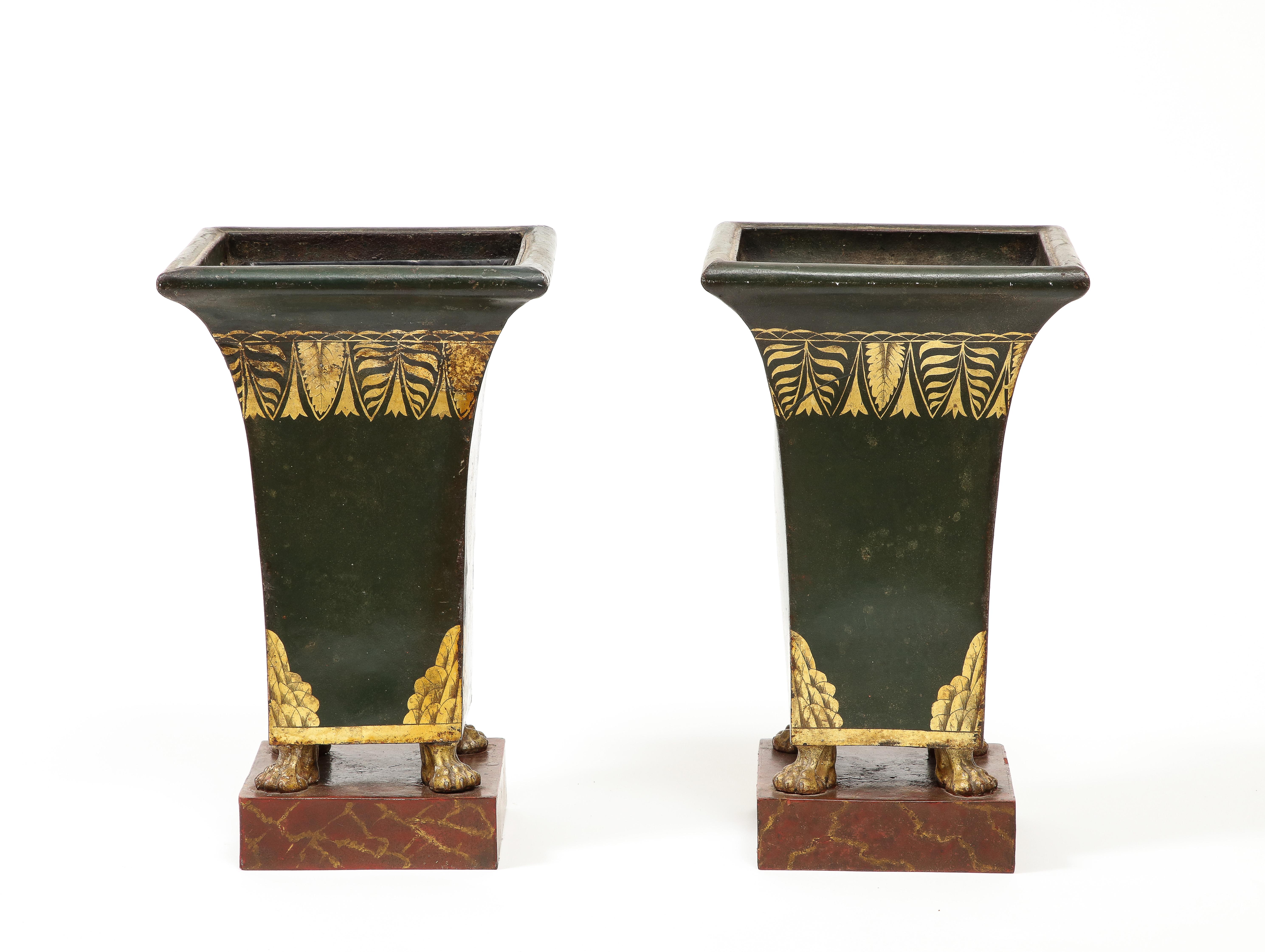 Pair of 19th Century Tole Painted Gilt and Green Pawfoot Jardinieres For Sale 4