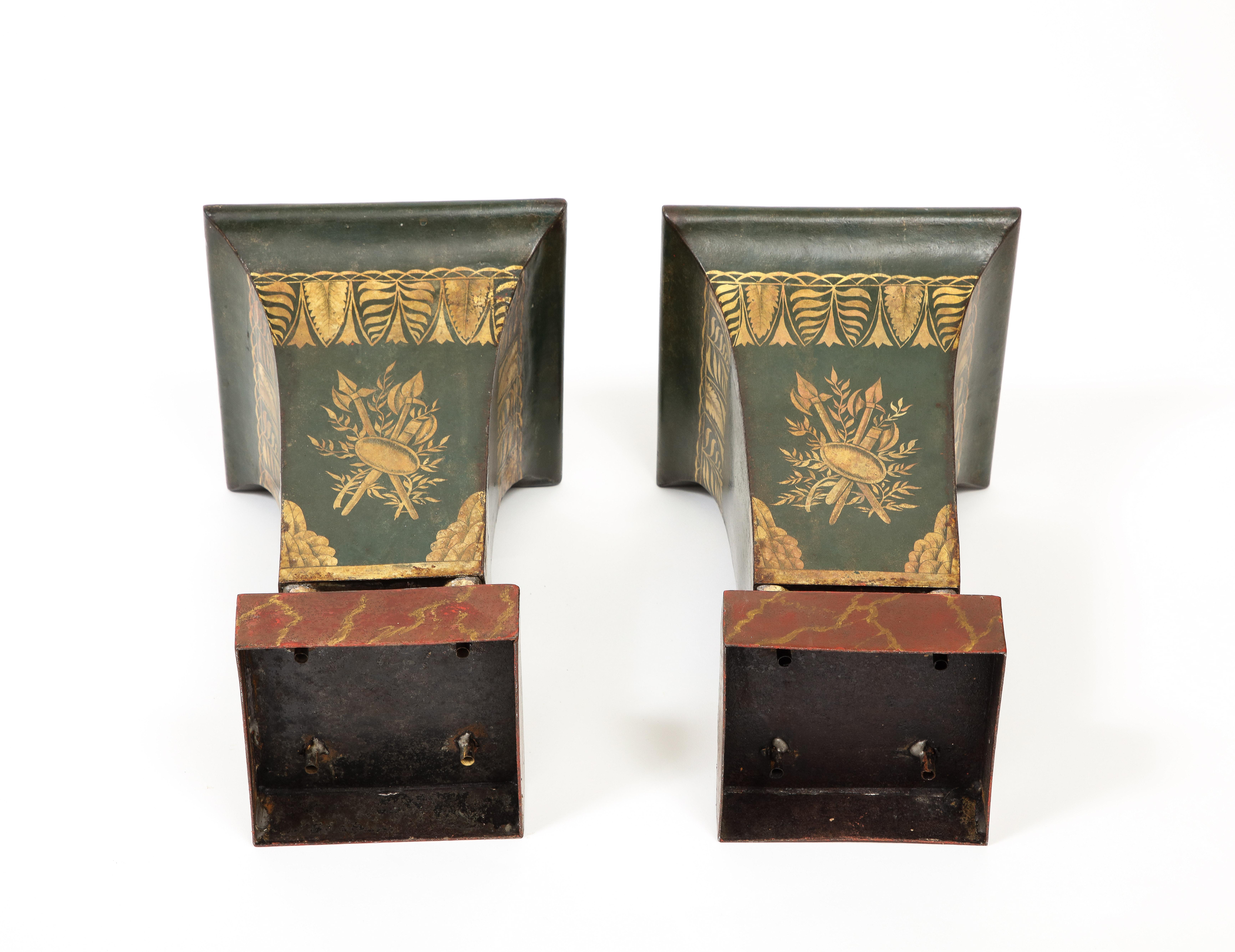 Pair of 19th Century Tole Painted Gilt and Green Pawfoot Jardinieres For Sale 5