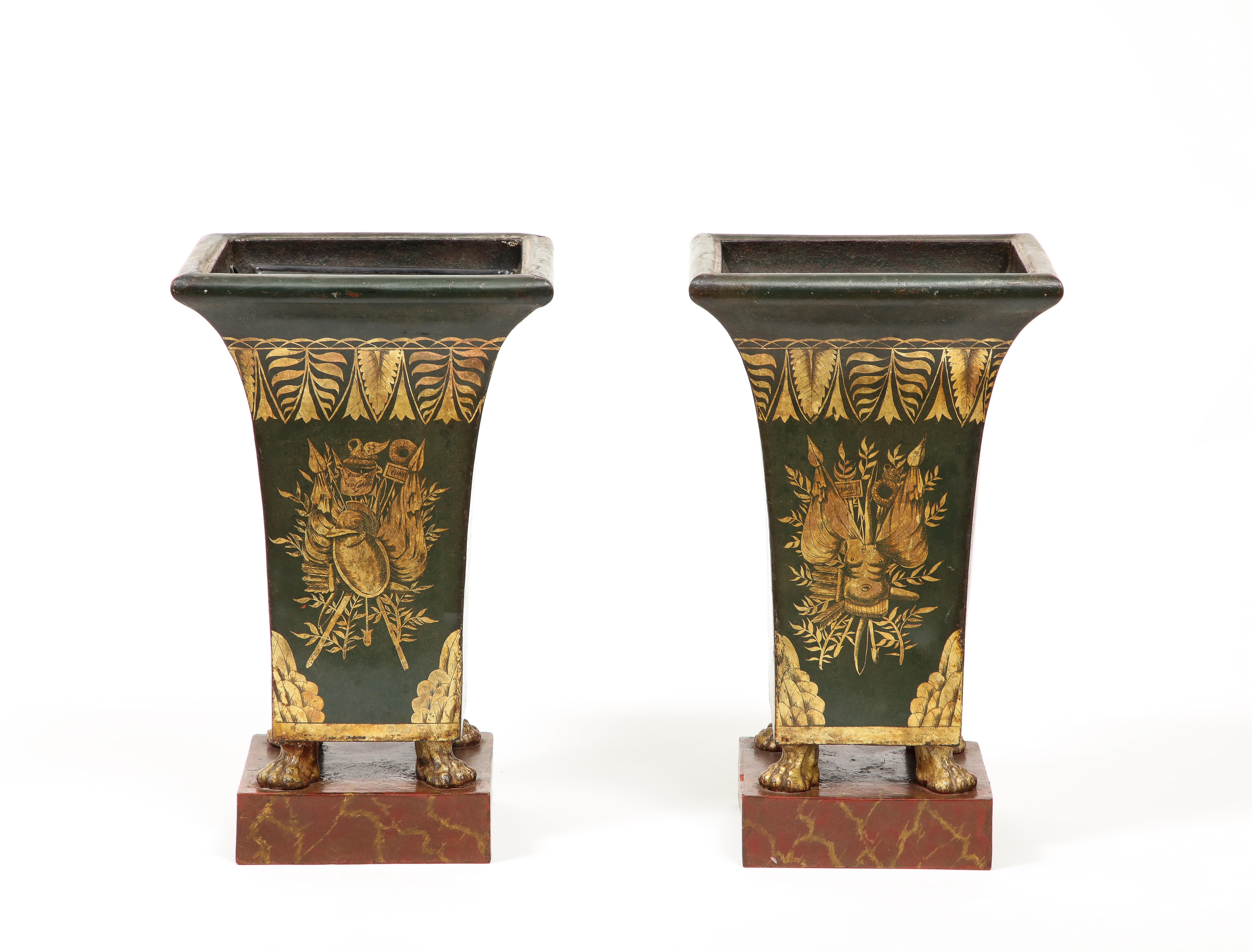Folk Art Pair of 19th Century Tole Painted Gilt and Green Pawfoot Jardinieres For Sale