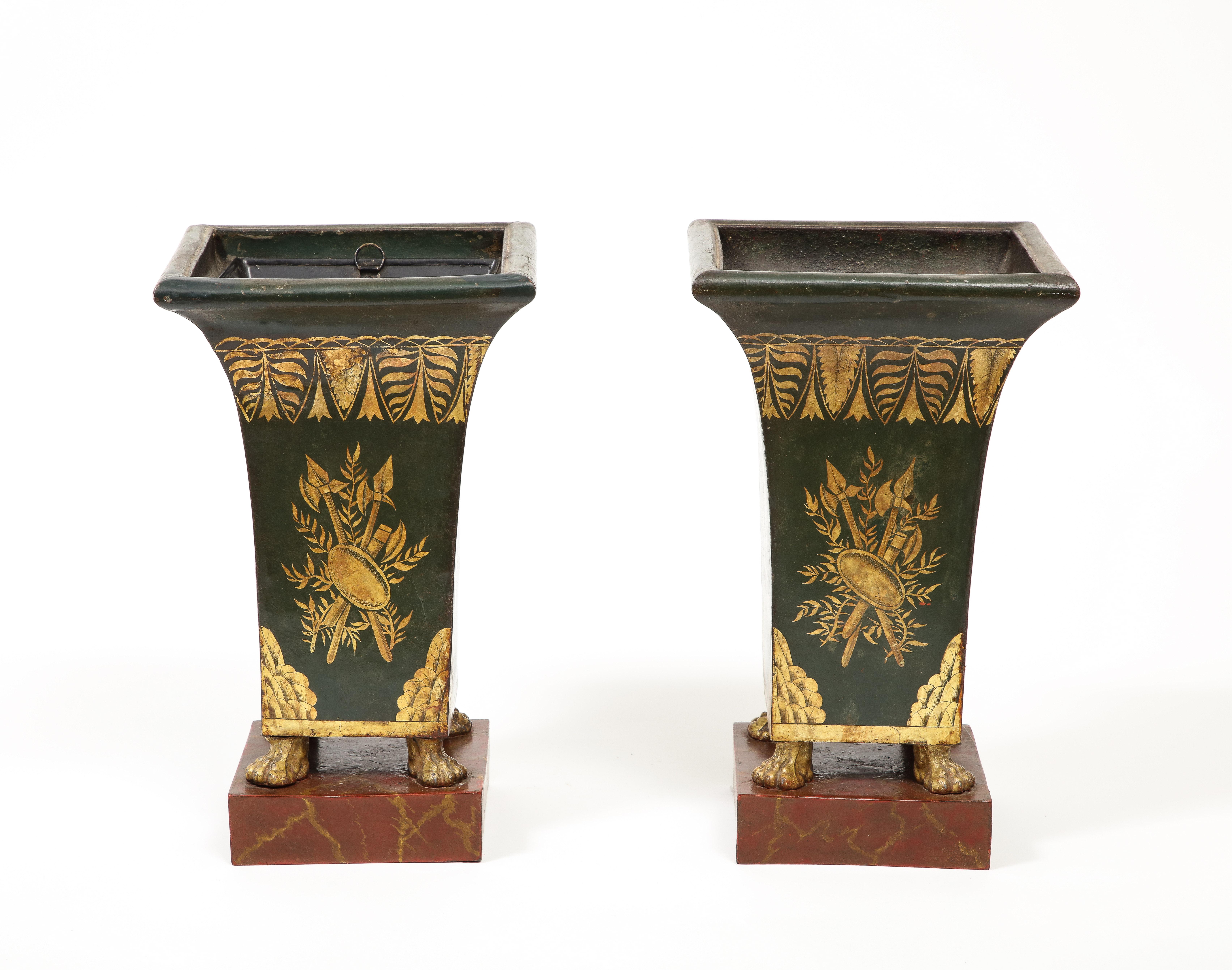American Pair of 19th Century Tole Painted Gilt and Green Pawfoot Jardinieres For Sale